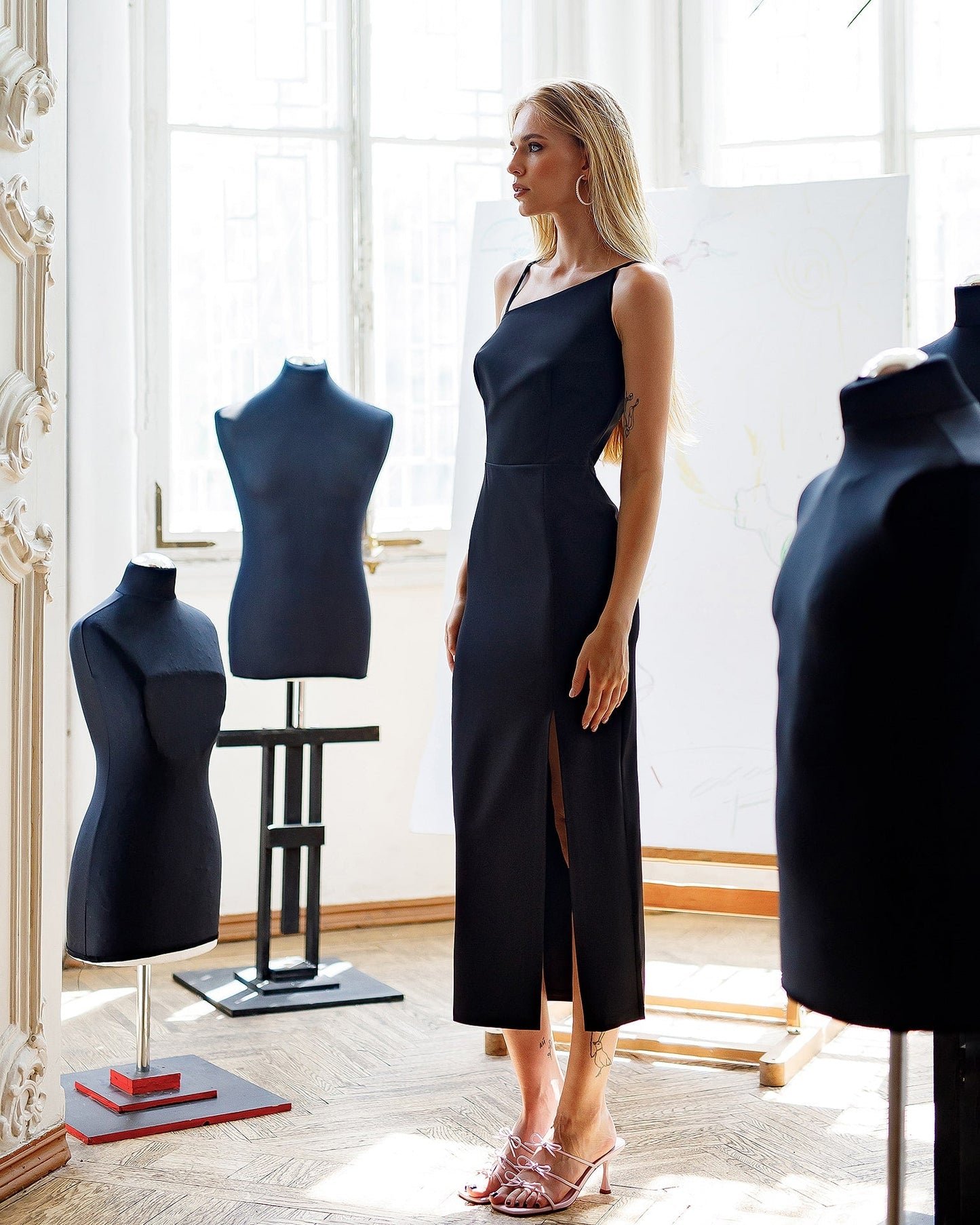Asymmetric Neckline Midi Dress