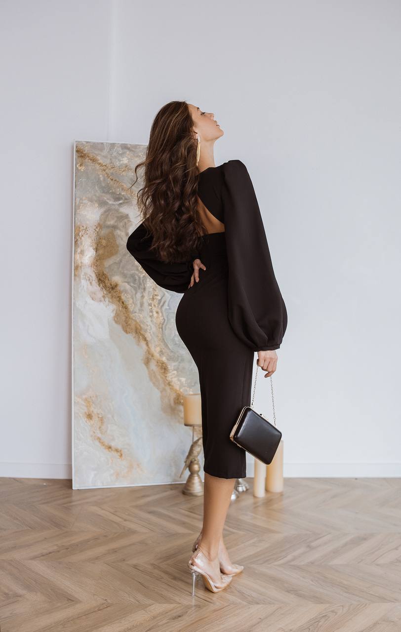 Backless Puff Sleeve Midi Dress