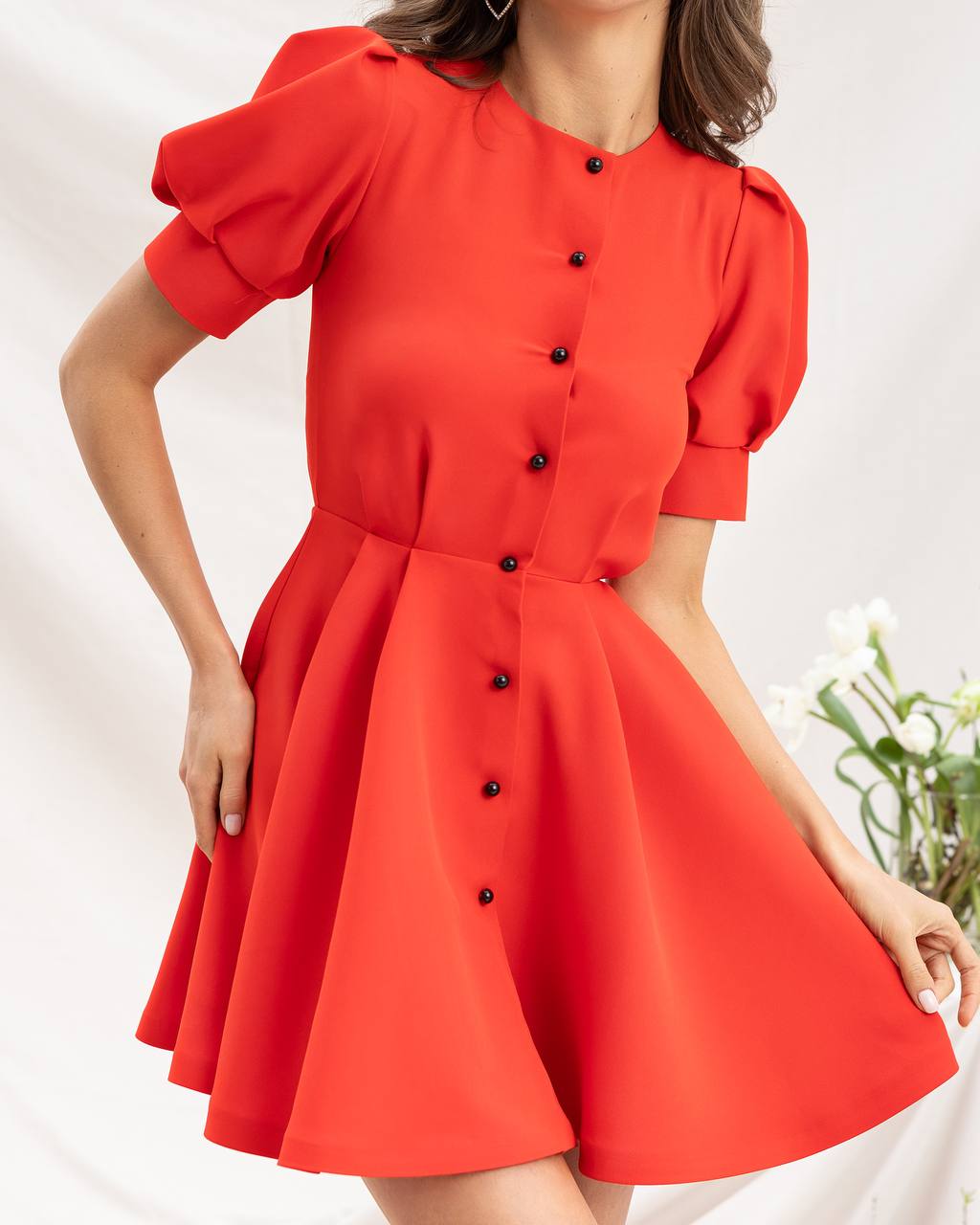 Buttoned Puff-Sleeve Mini Dress