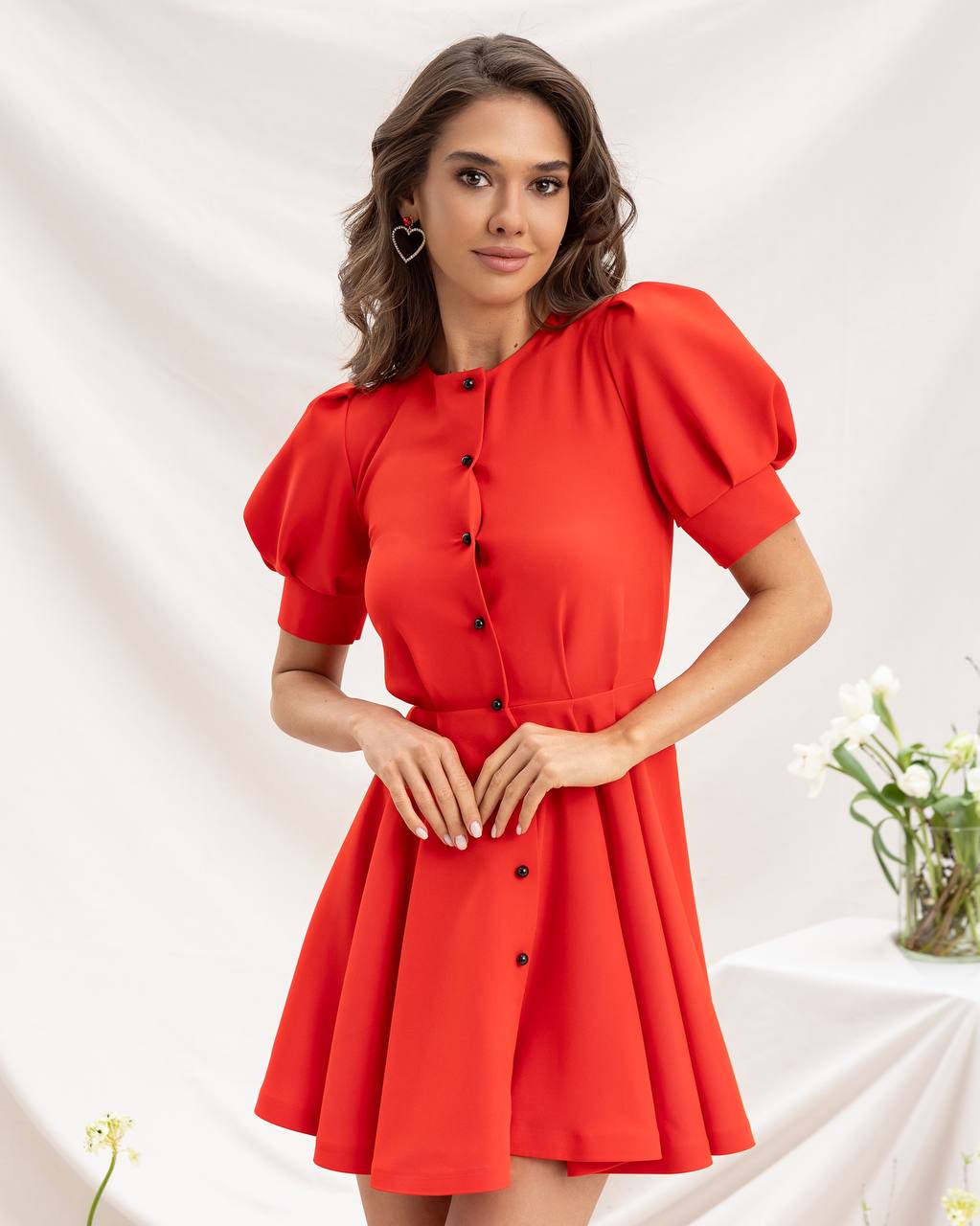 Buttoned Puff-Sleeve Mini Dress