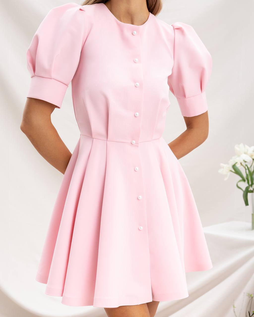 Buttoned Puff-Sleeve Mini Dress