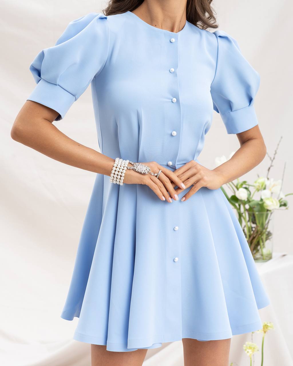 Buttoned Puff-Sleeve Mini Dress