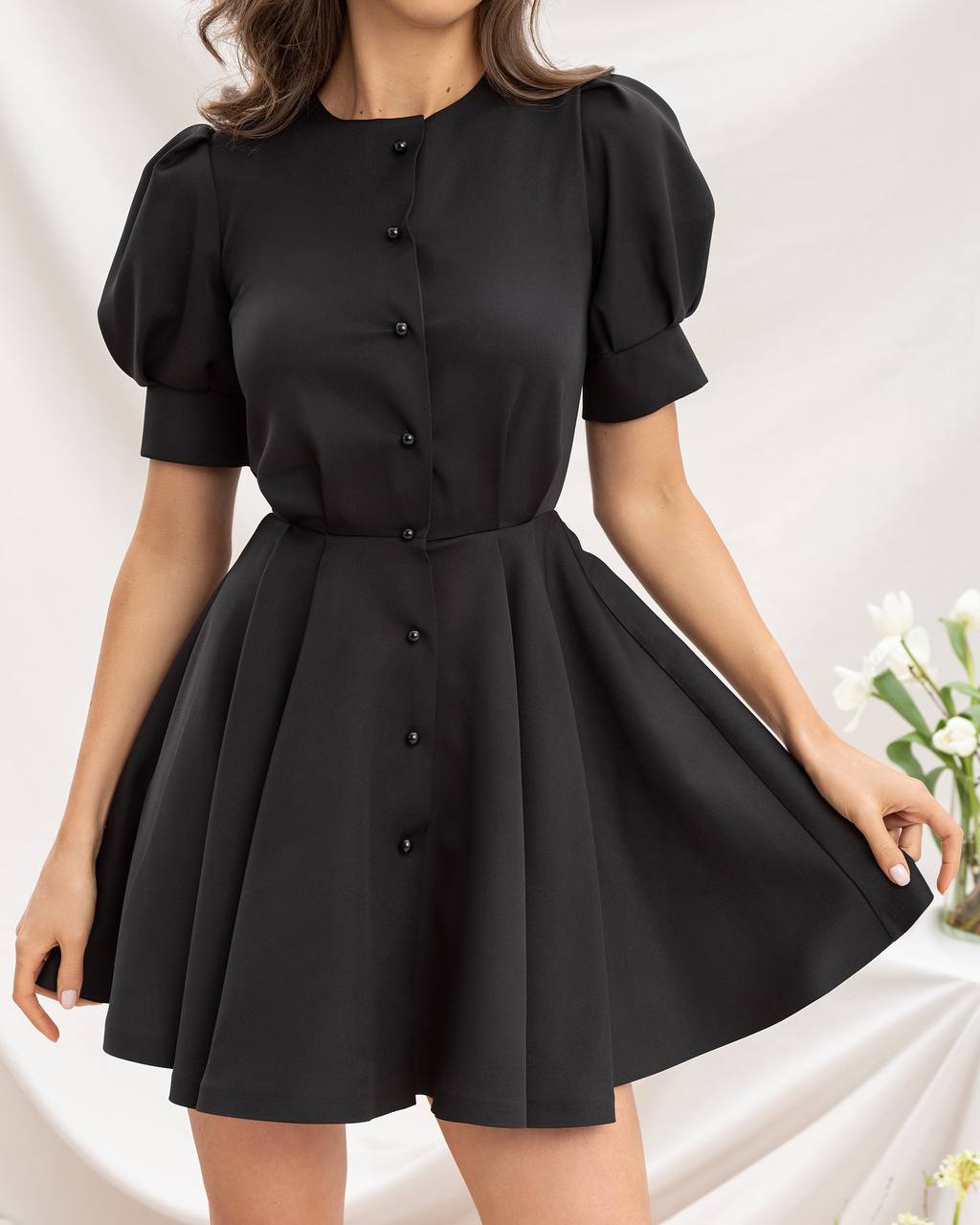 Buttoned Puff-Sleeve Mini Dress