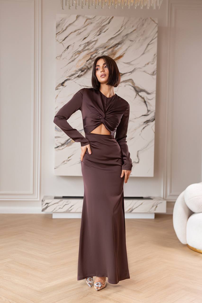 Satin Long-Sleeve Cut-Out Maxi Dress