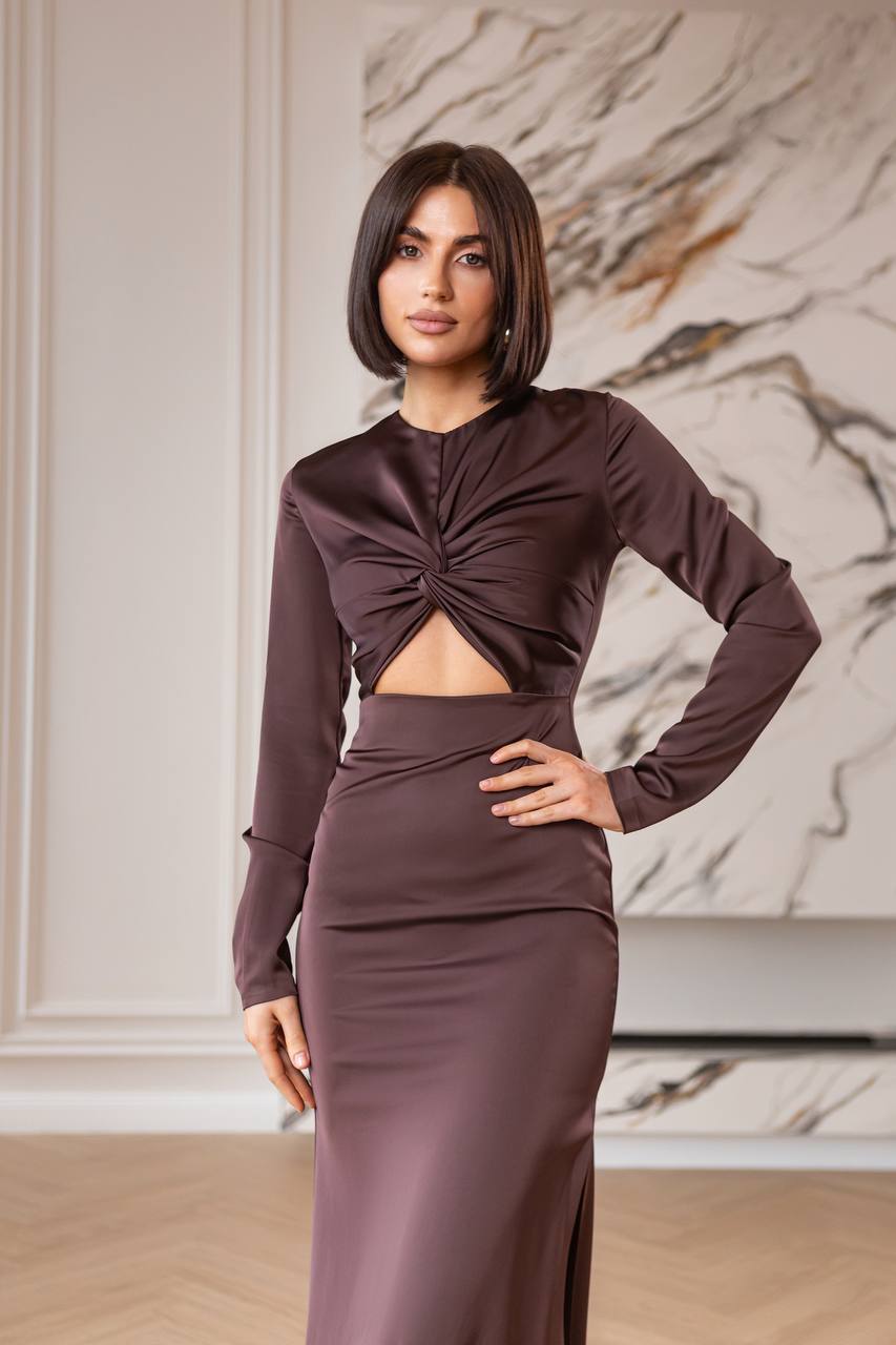 Satin Long-Sleeve Cut-Out Maxi Dress