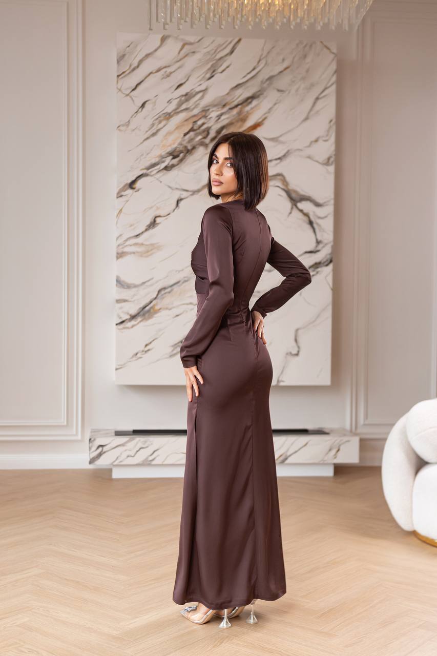 Satin Long-Sleeve Cut-Out Maxi Dress