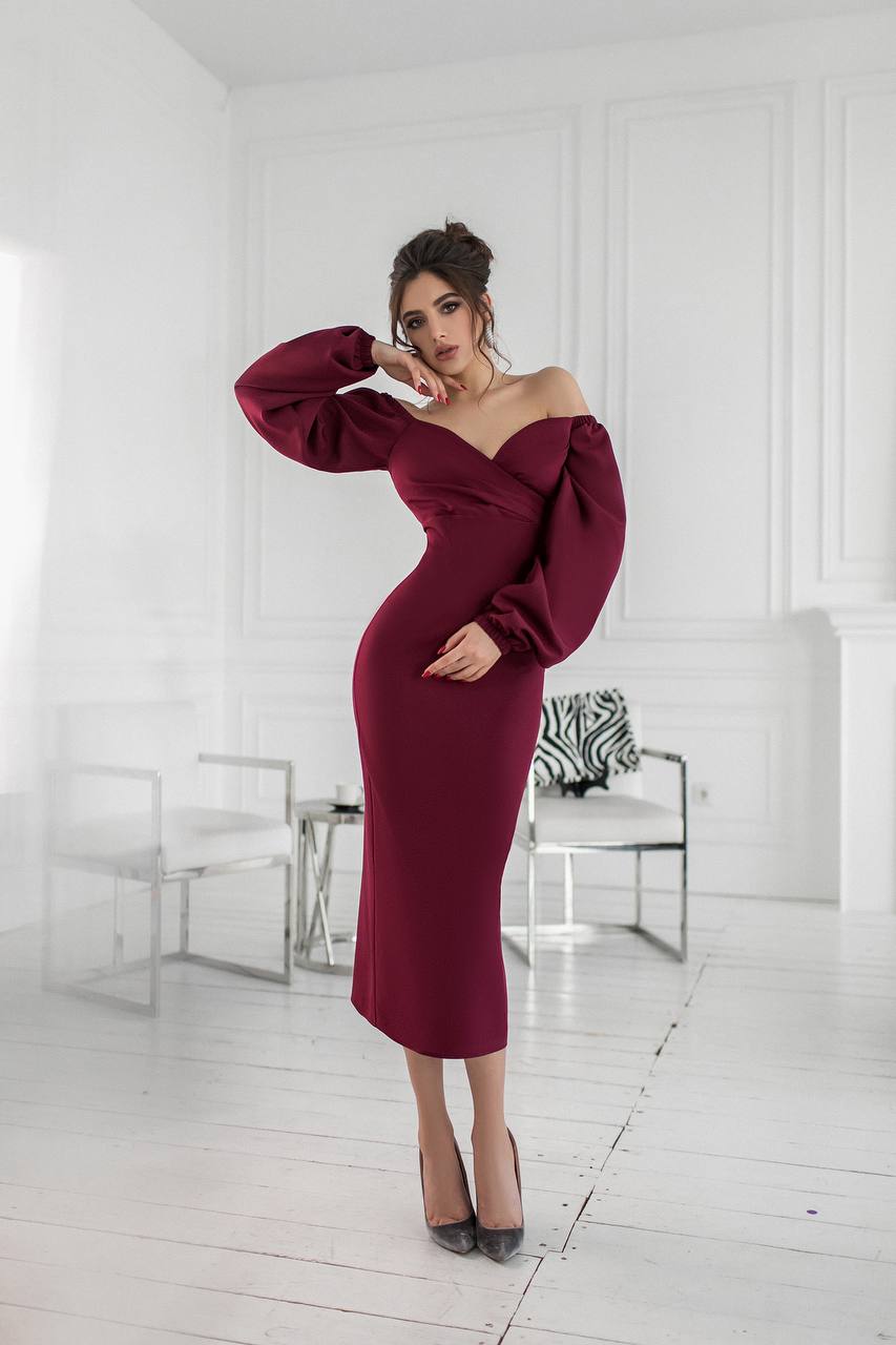 Puff-Sleeve Midi Dress