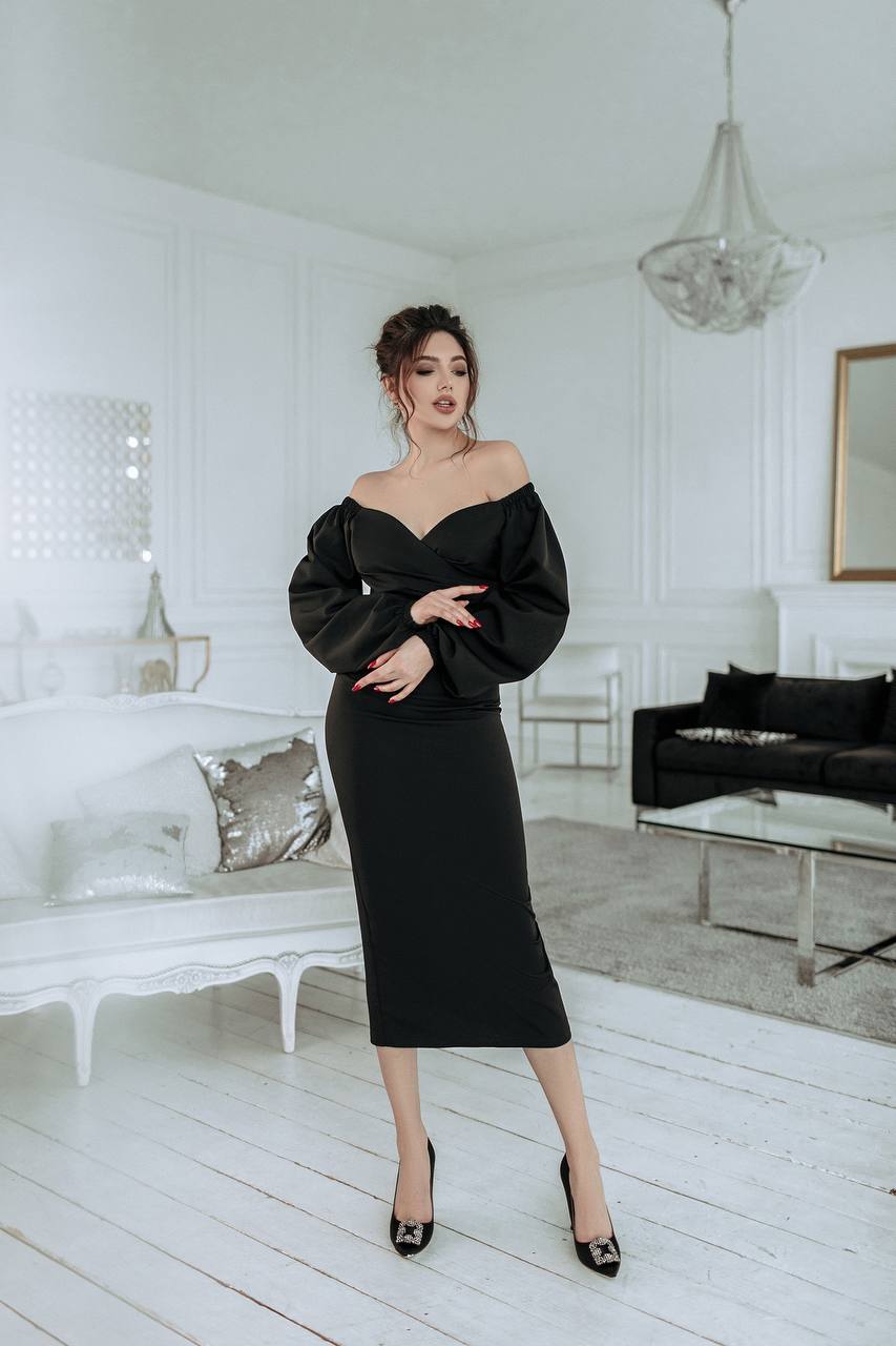 Puff-Sleeve Midi Dress