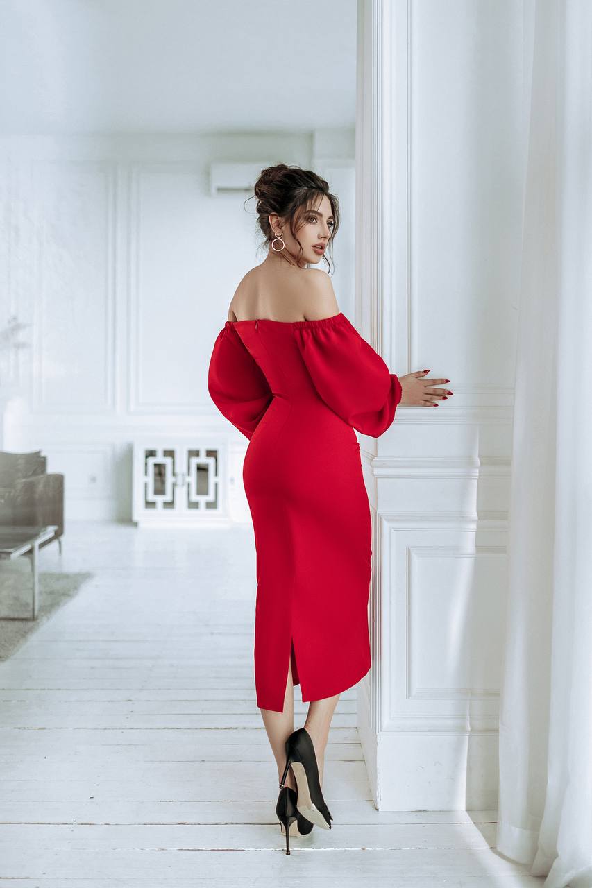 Puff-Sleeve Midi Dress