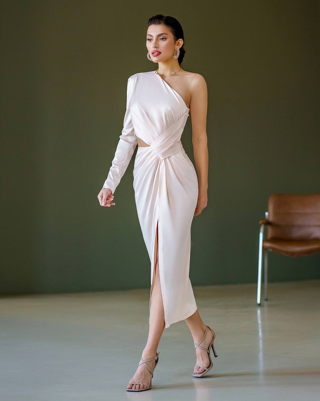 Satin One-Shoulder Cut-Out Midi Dress