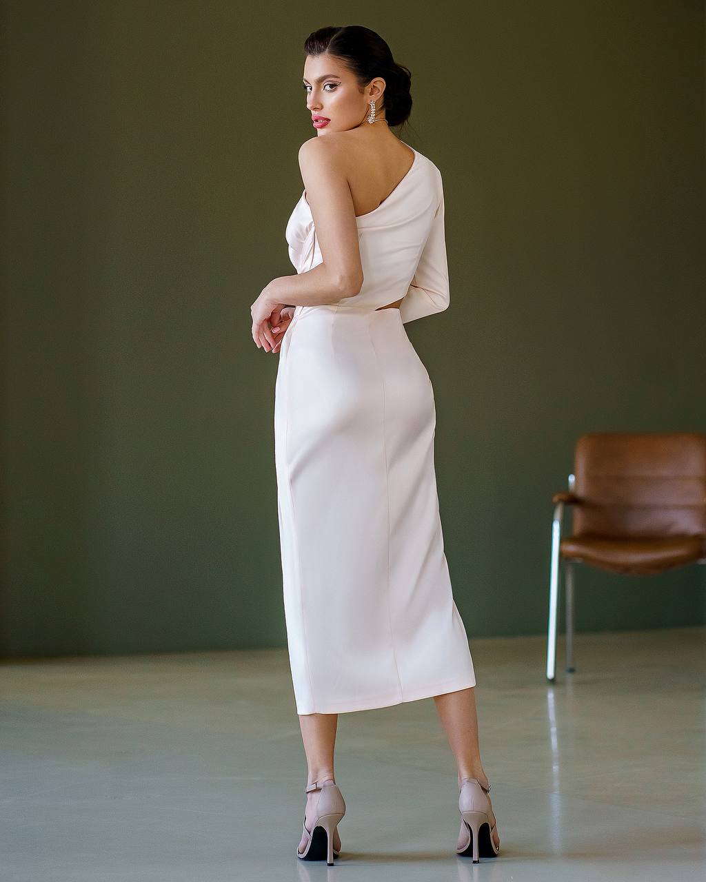 Satin One-Shoulder Cut-Out Midi Dress