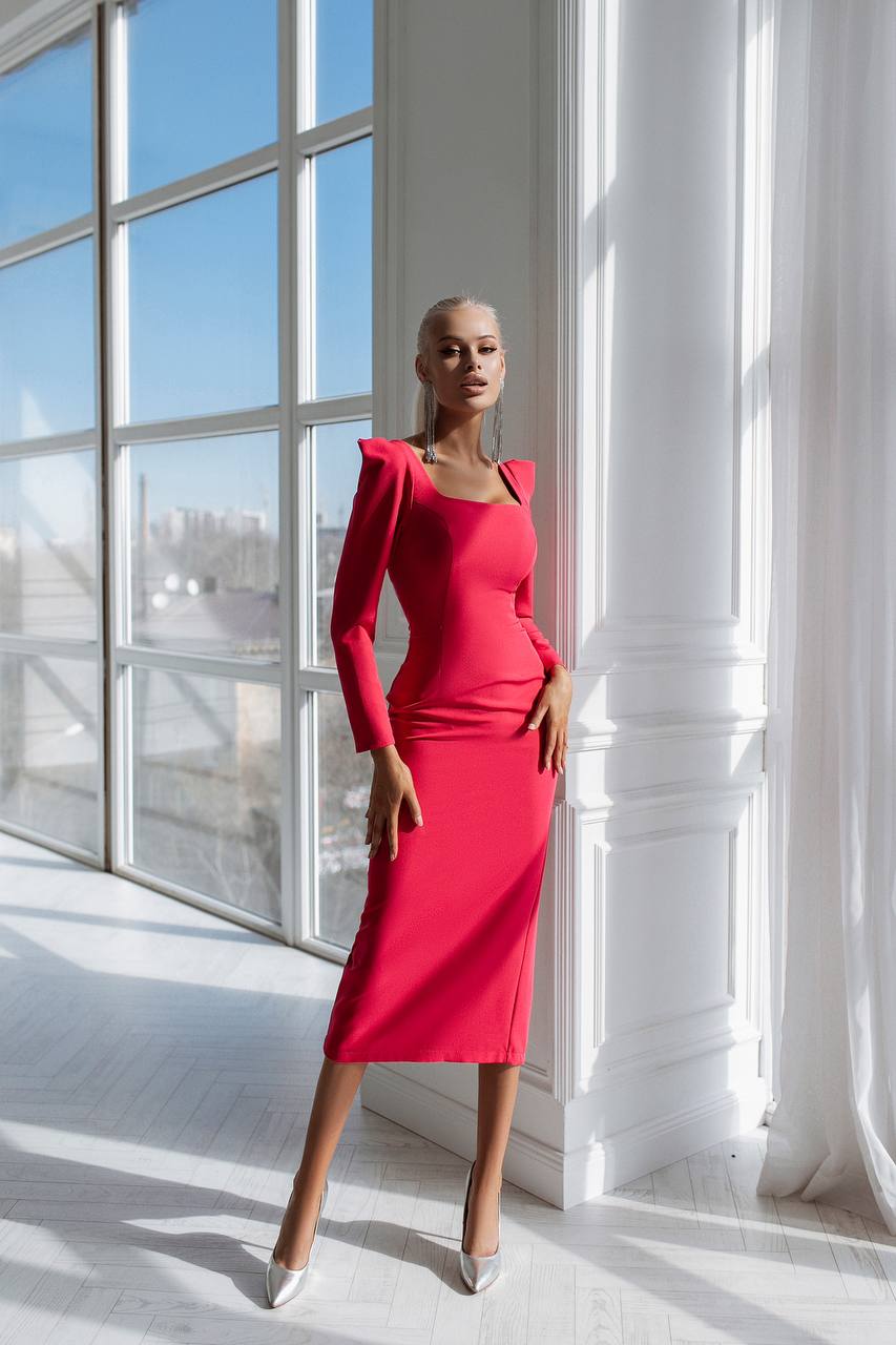 Square Neck Long Sleeve Midi Dress