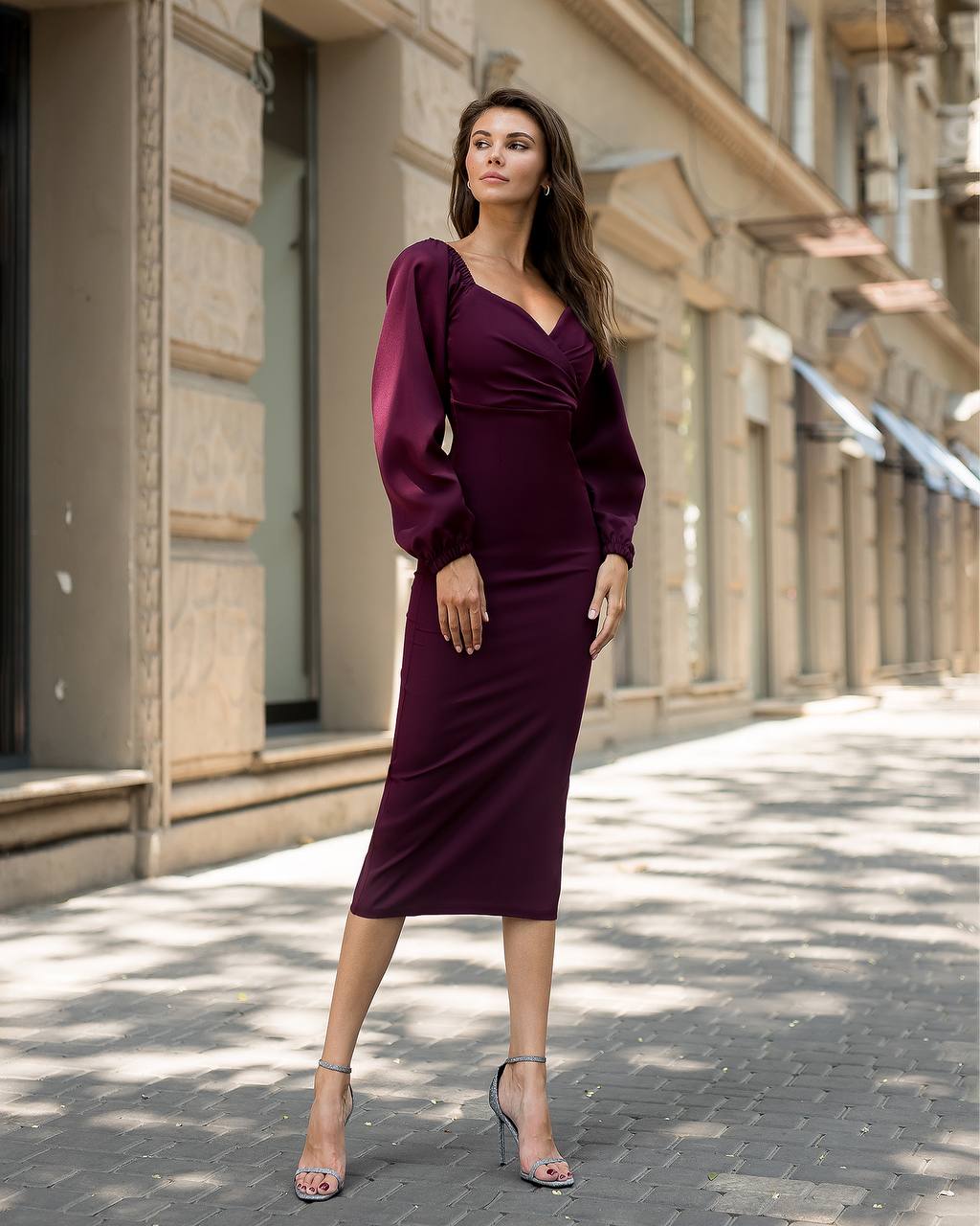 Puff-Sleeve Midi Dress