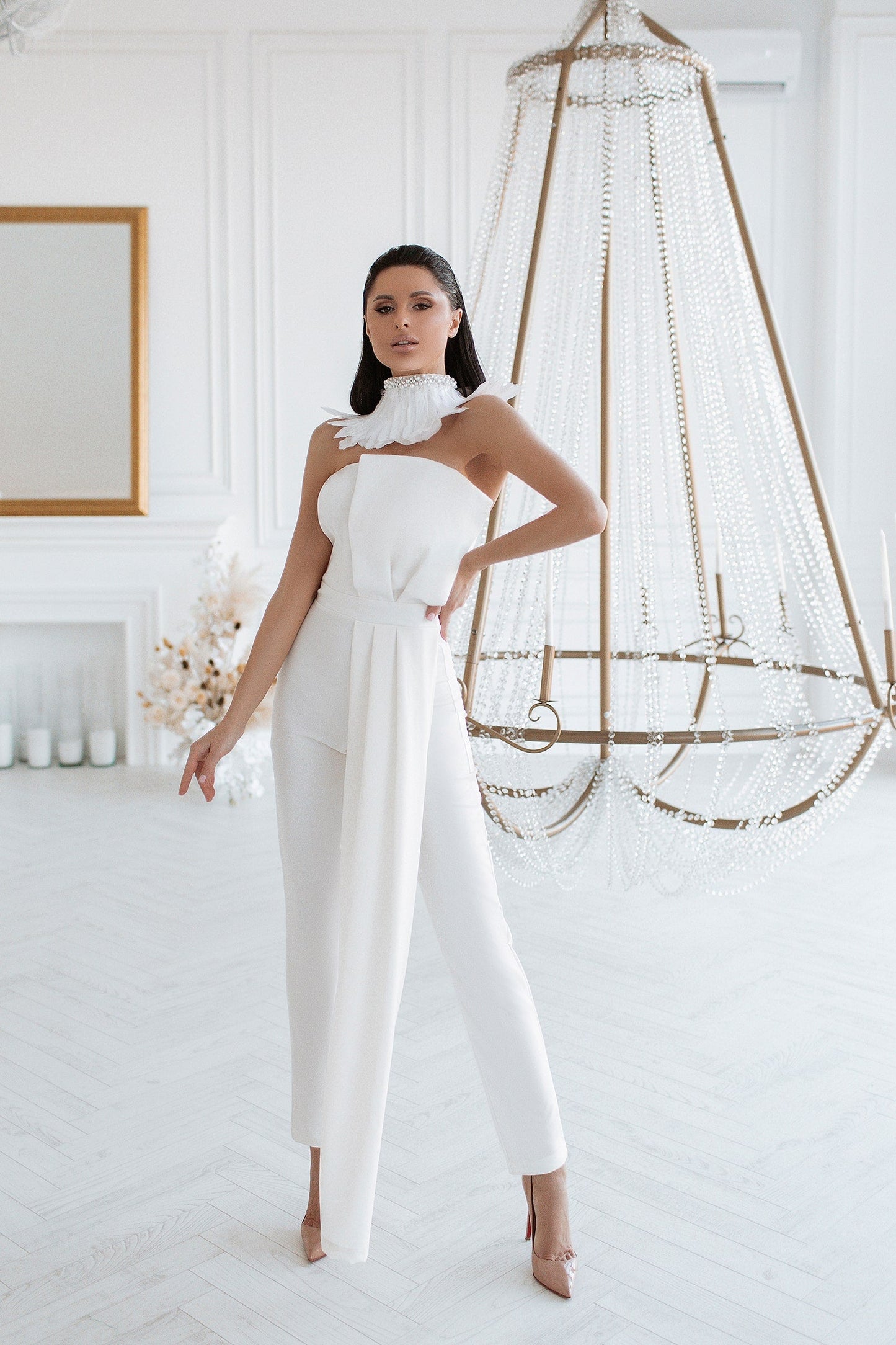 Bridal Jumpsuit With Corset And High Waisted Skinny Pants Decorated With Bow In Front