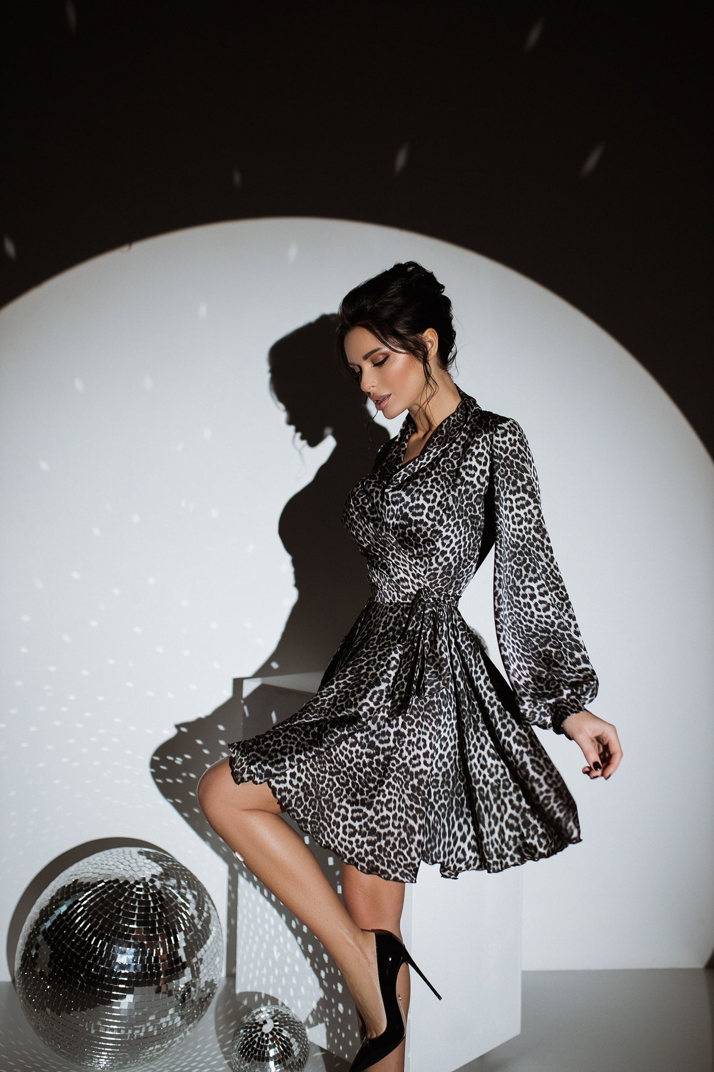 Leo Print Silk Dress Mini A-line Long Sleeve