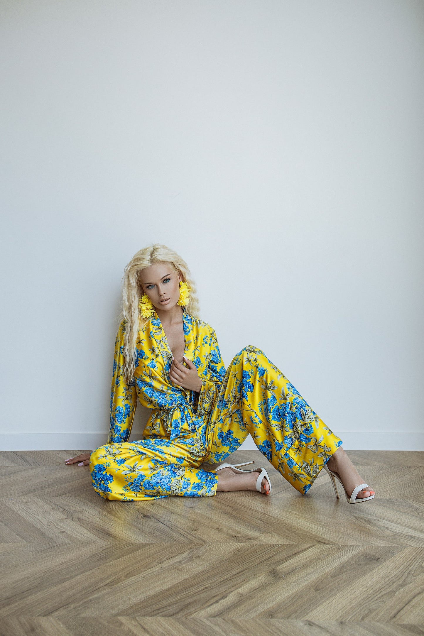 Yellow With Blue Floral Print Summer Oversized Silk Pajama Suit