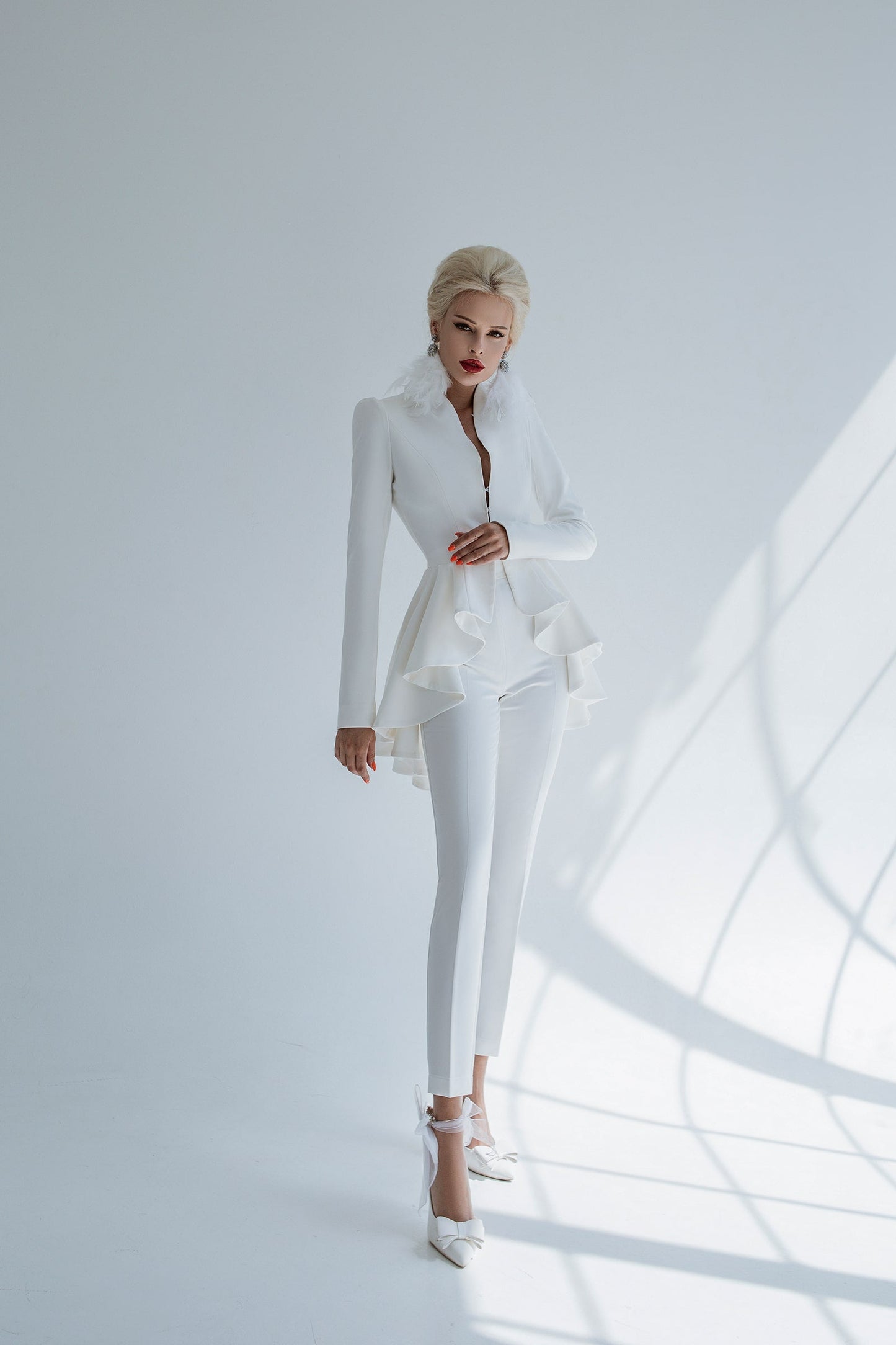 2-Piece Formal Pants Suit with Peplum Deep V-Jacket