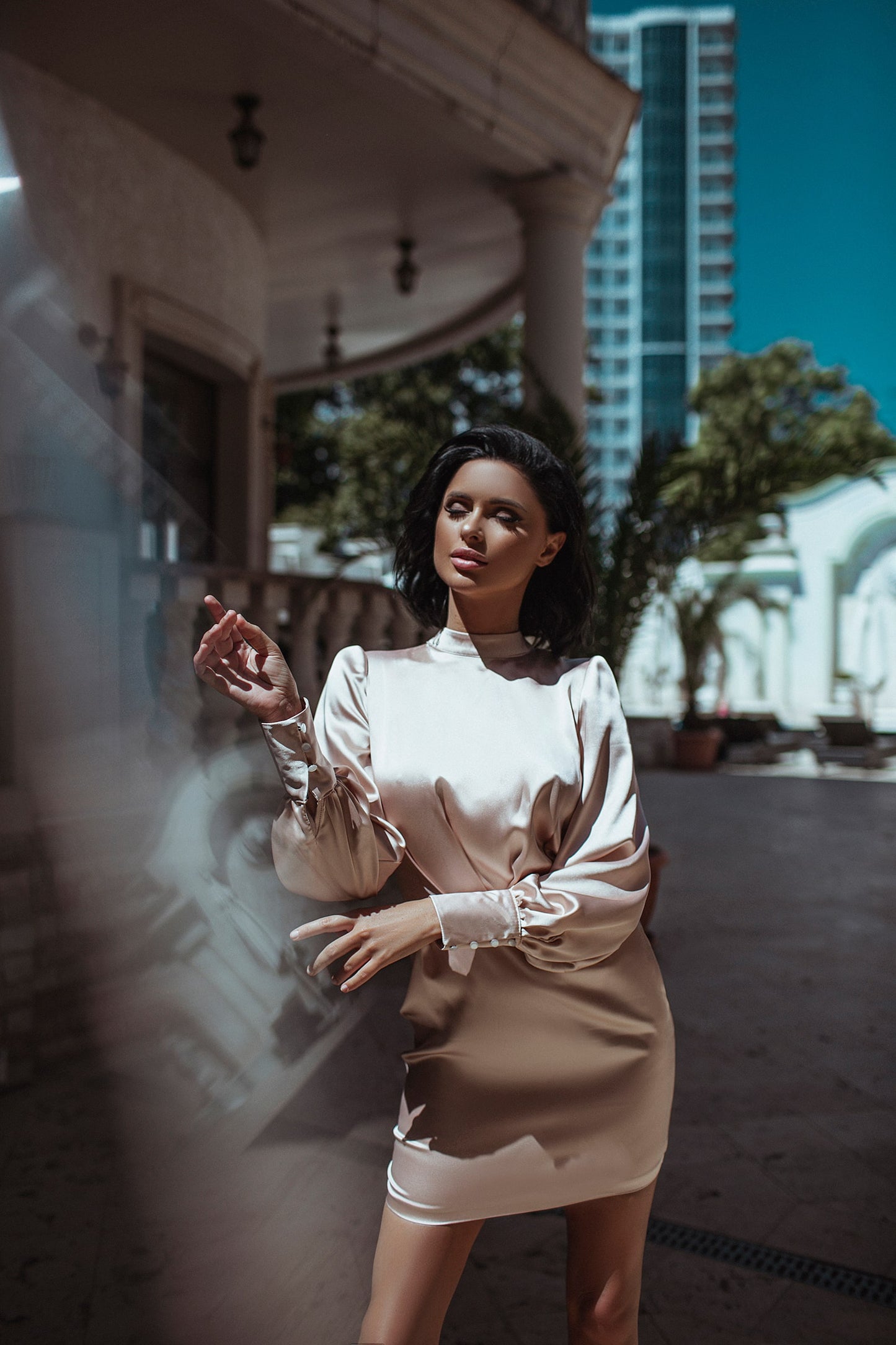 Satin Long Sleeve Mini Dress