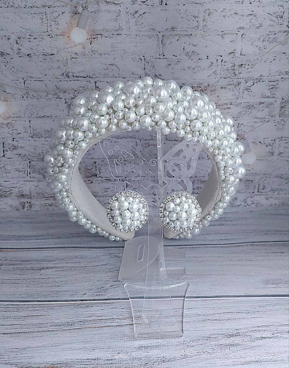 Pearl White Set Headband And Earrings Rhinestones Pearl Beads Vintage Femme
