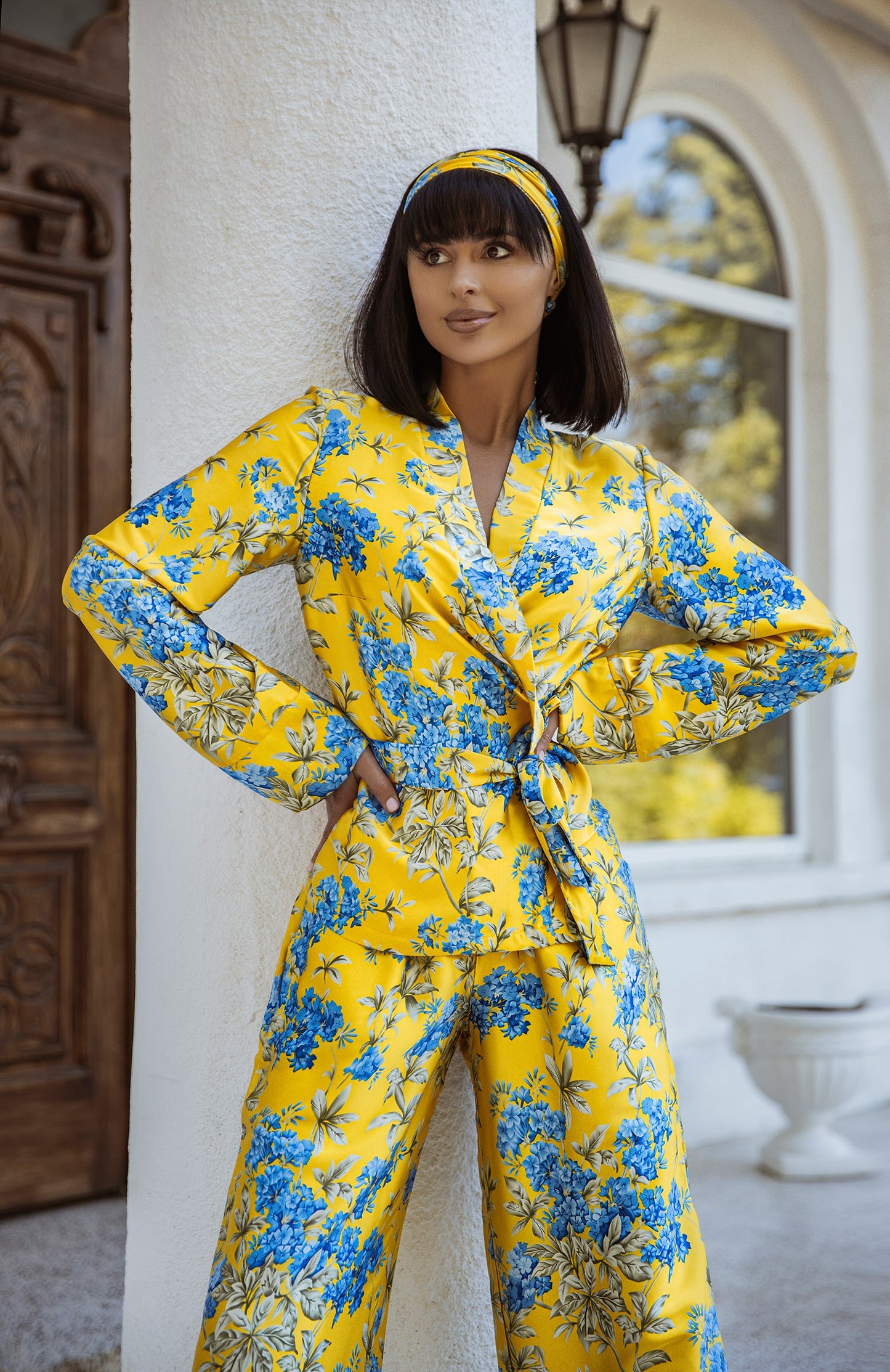 Yellow With Blue Floral Print Summer Oversized Silk Pajama Suit