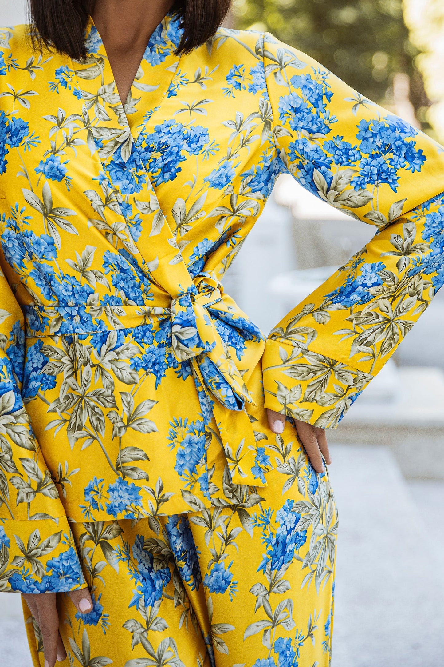Yellow With Blue Floral Print Summer Oversized Silk Pajama Suit