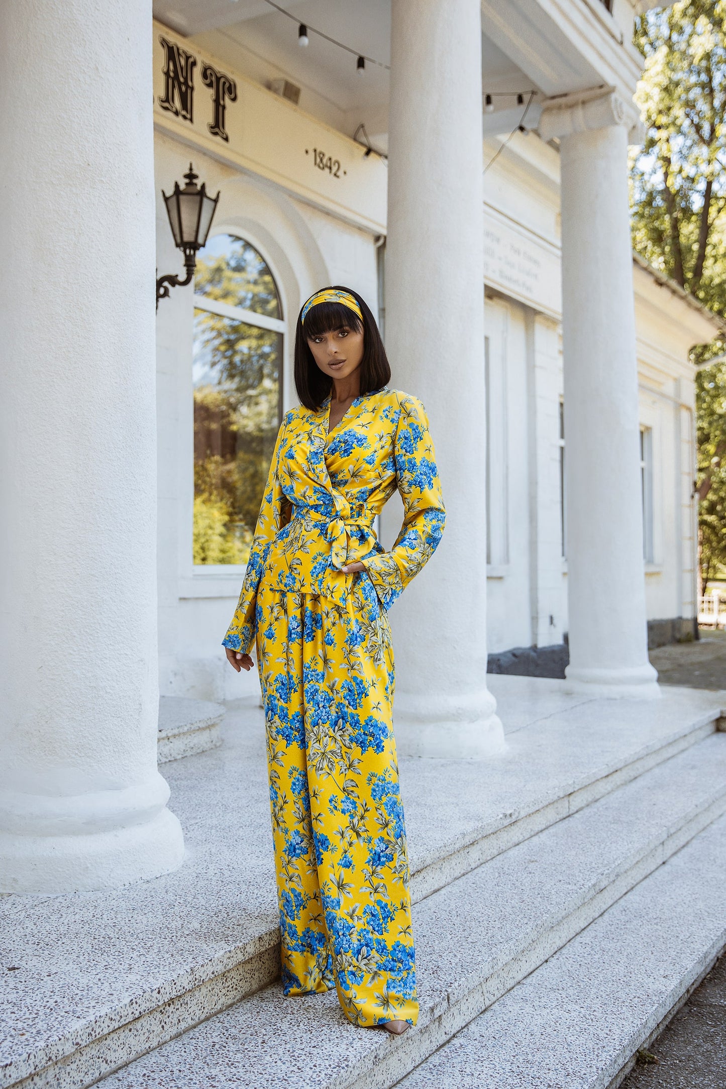 Yellow With Blue Floral Print Summer Oversized Silk Pajama Suit