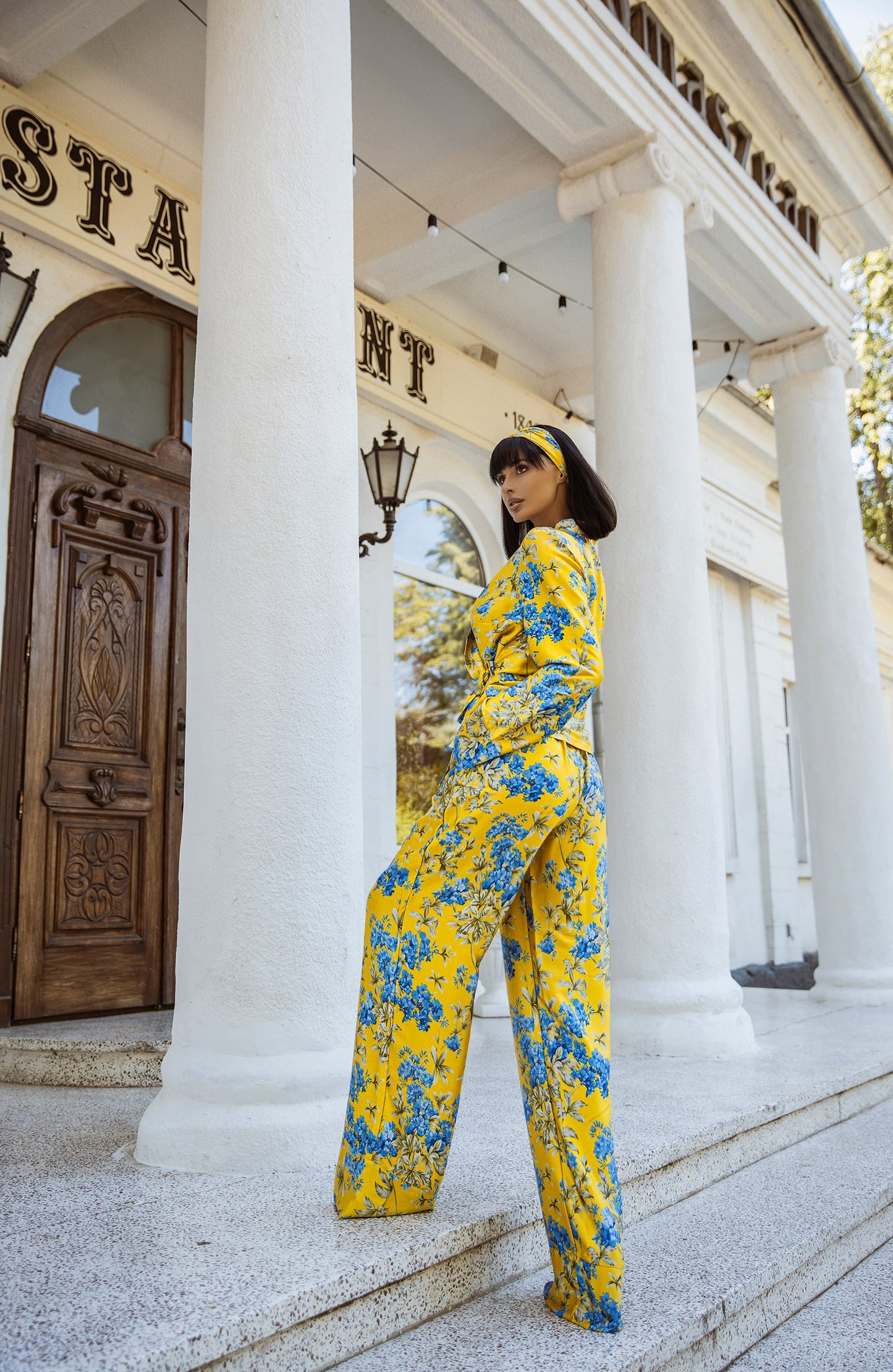 Yellow With Blue Floral Print Summer Oversized Silk Pajama Suit