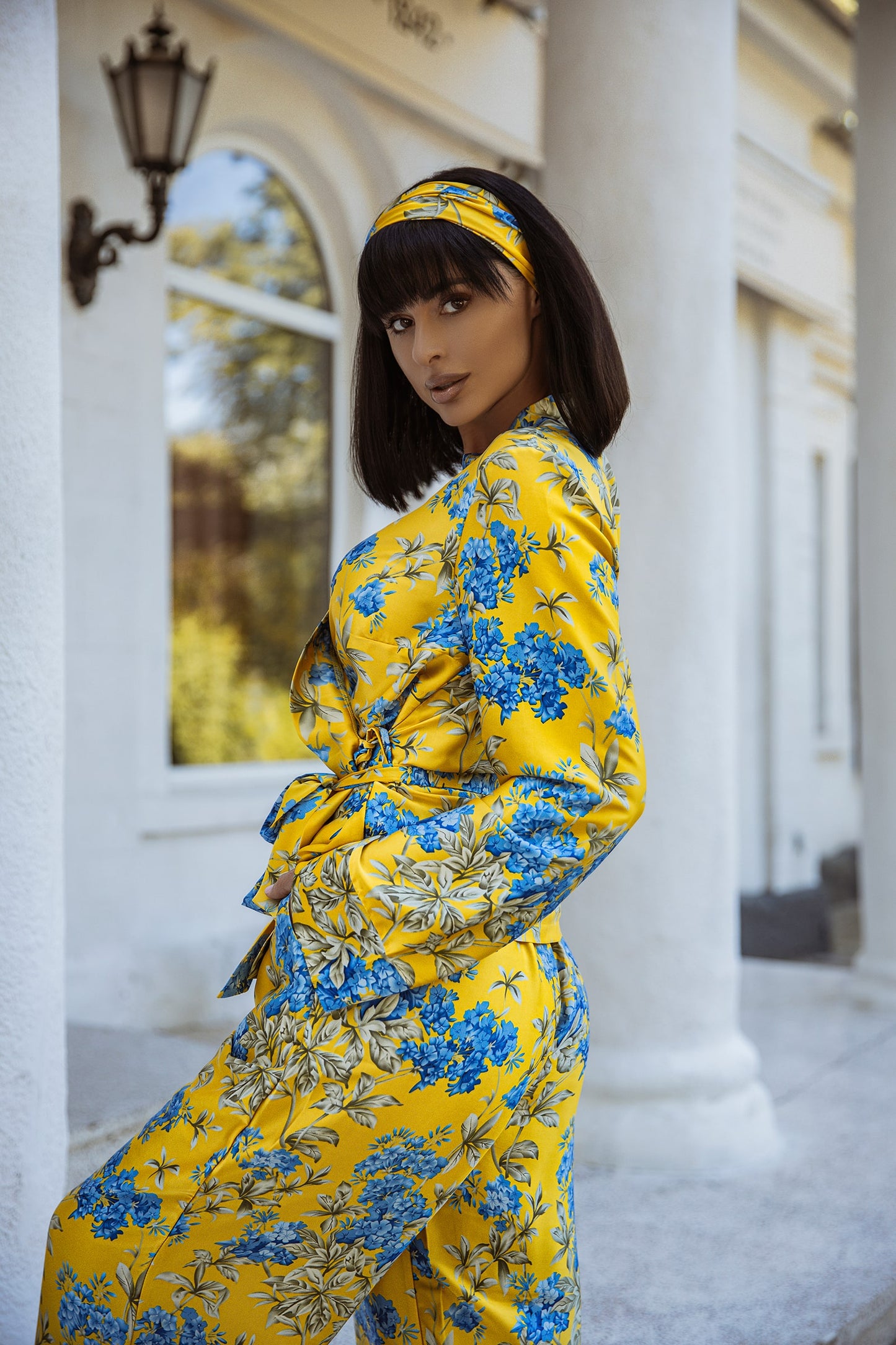 Yellow With Blue Floral Print Summer Oversized Silk Pajama Suit