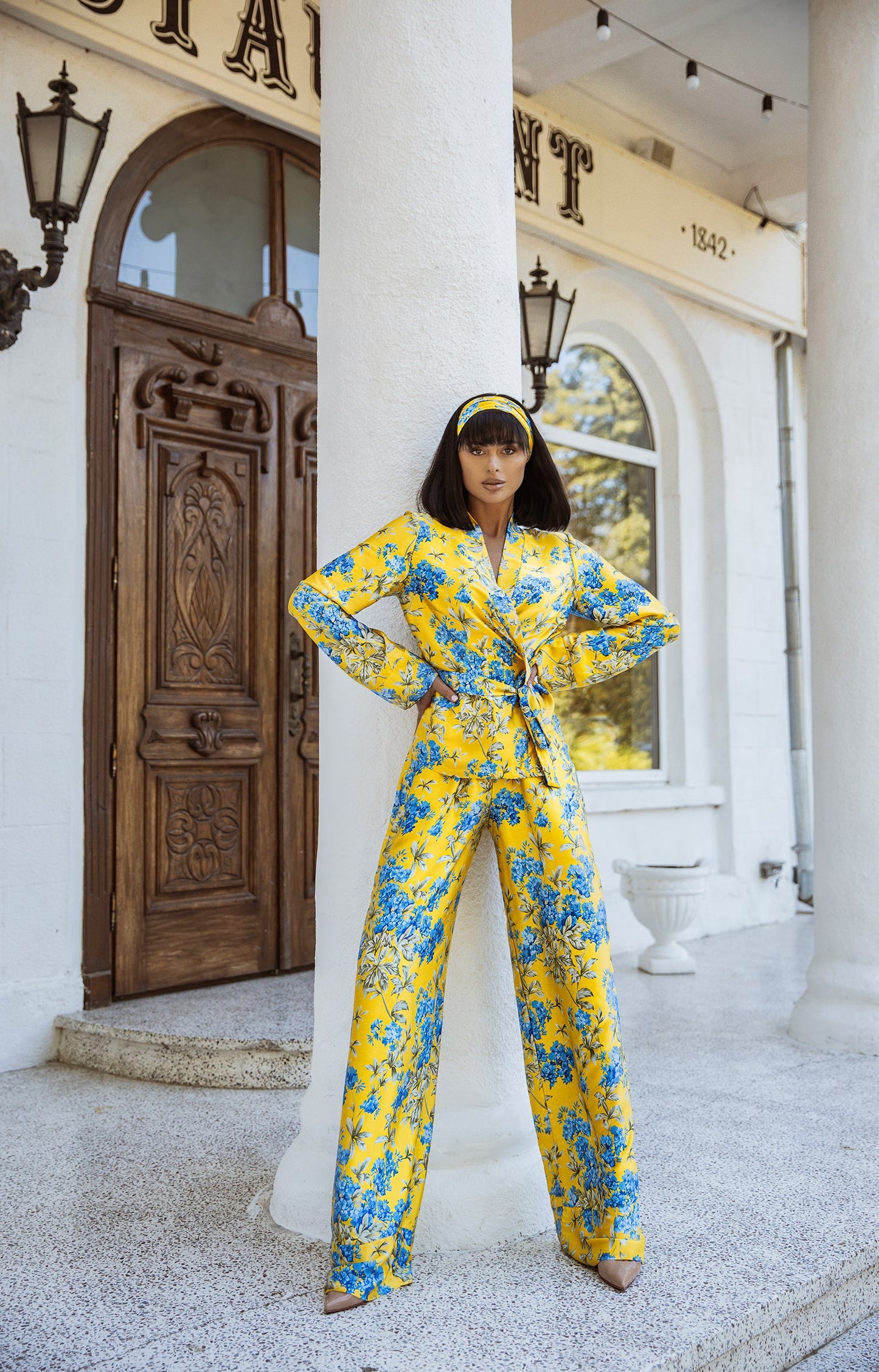 Yellow With Blue Floral Print Summer Oversized Silk Pajama Suit