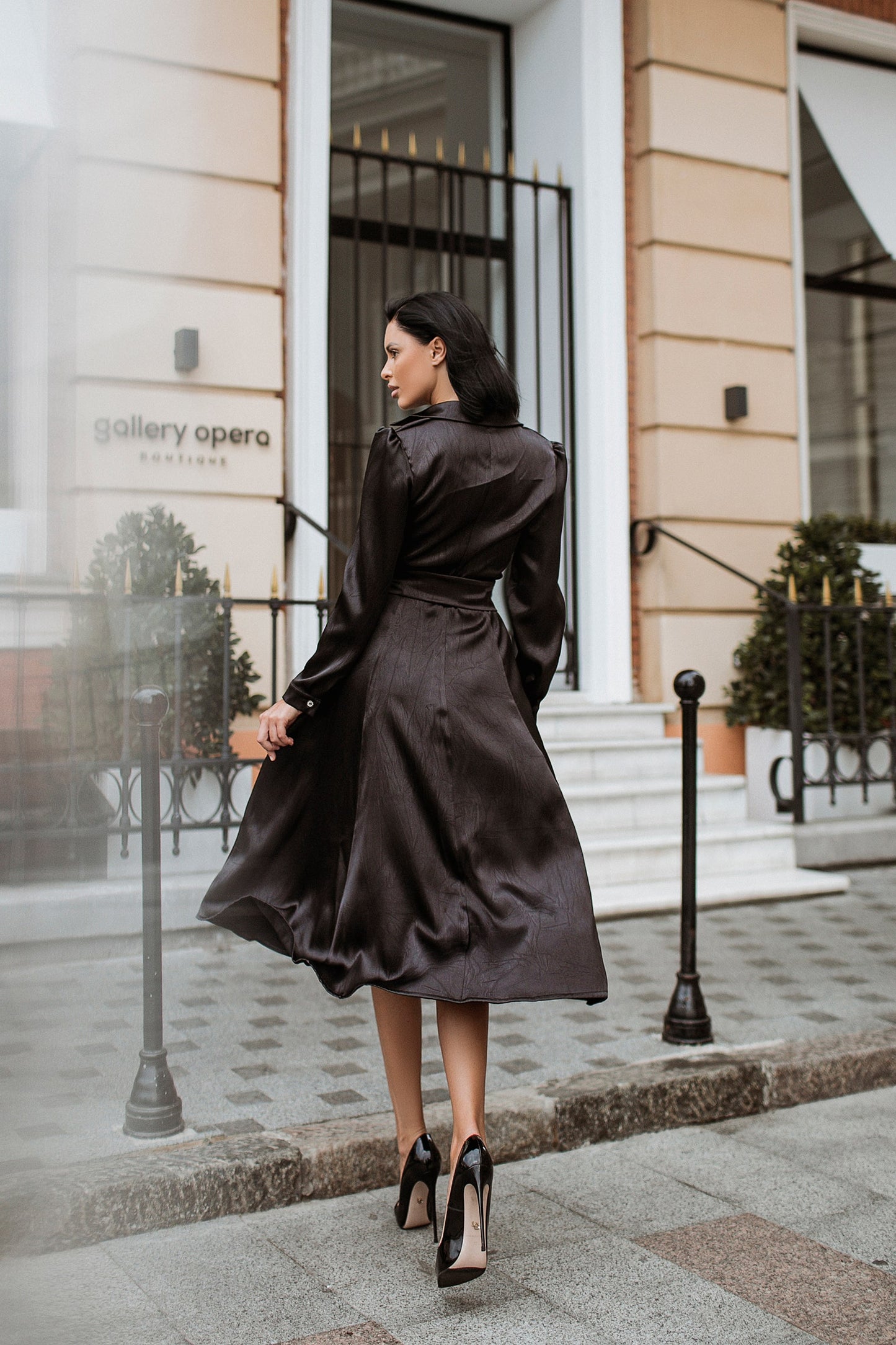 Satin Midi Dress Sheath Long Sleeve & Collared Neckline