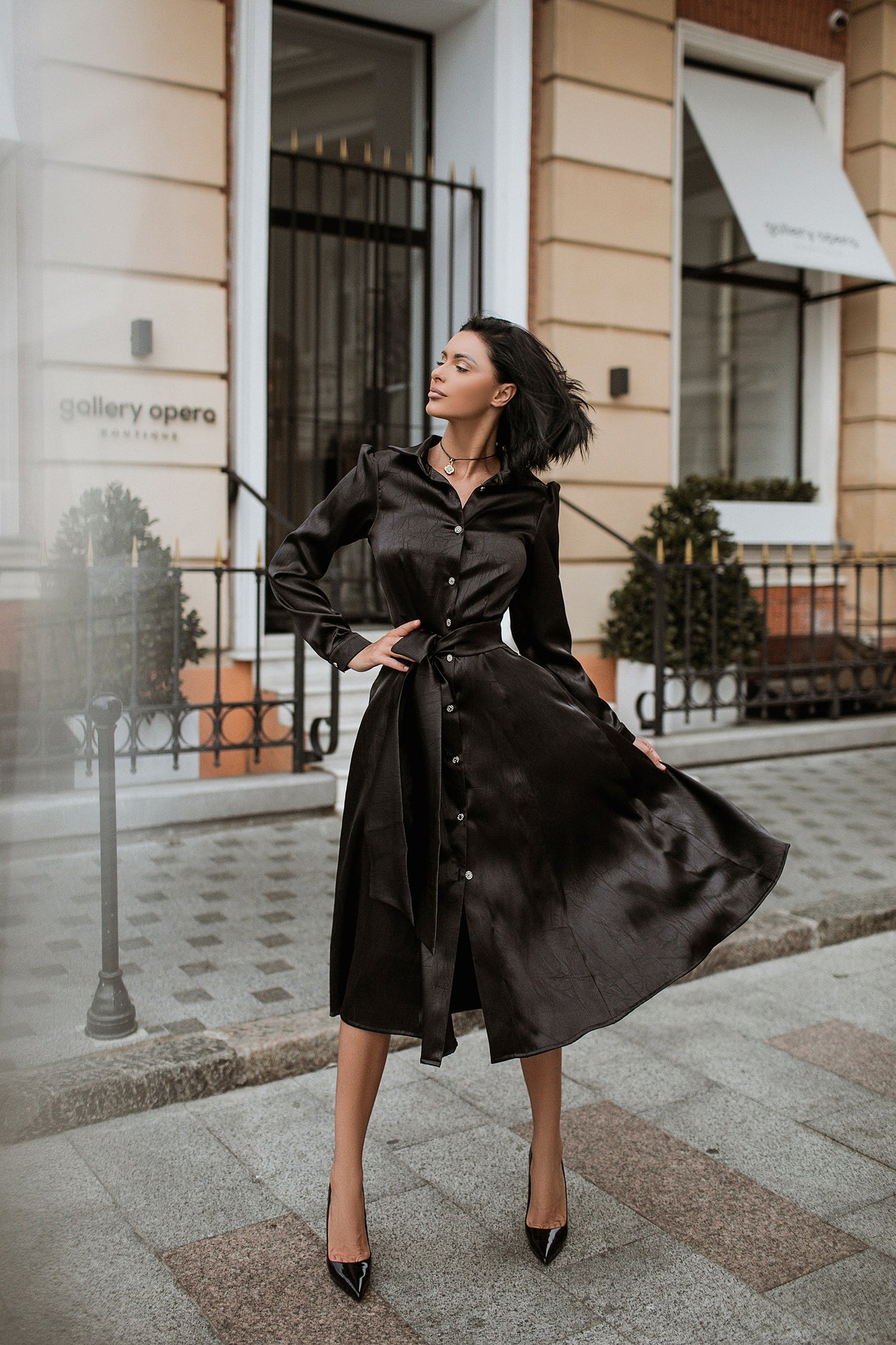 Satin Midi Dress Sheath Long Sleeve & Collared Neckline