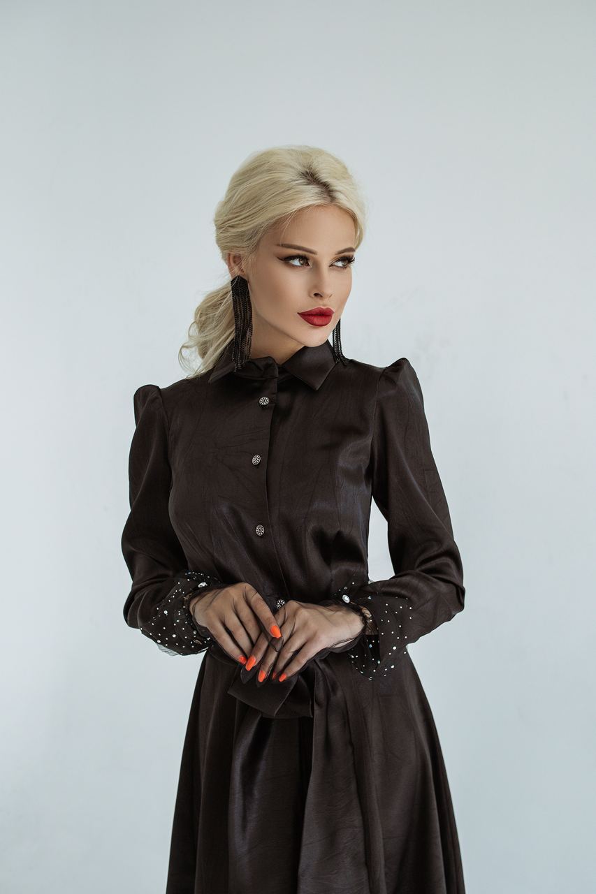 Satin Midi Dress Sheath Long Sleeve & Collared Neckline