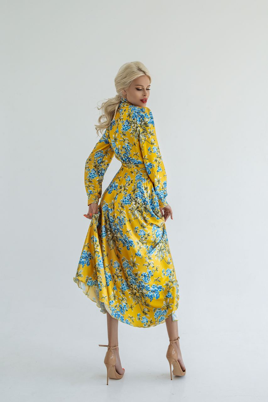 Yellow With Blue Floral Print Silk Midi Dress With Long Sleeves