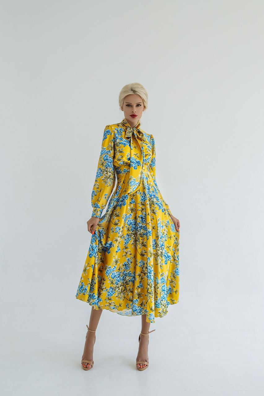 Yellow With Blue Floral Print Silk Midi Dress With Long Sleeves