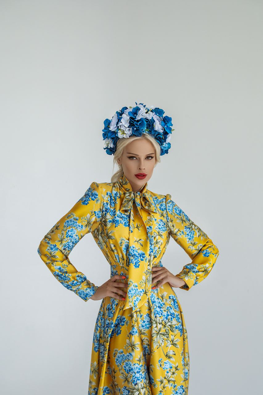 Yellow With Blue Floral Print Silk Midi Dress With Long Sleeves