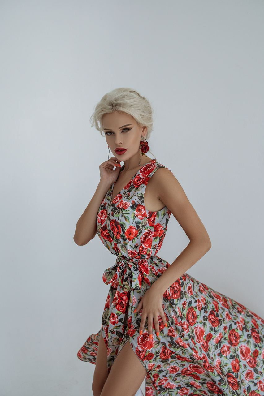 Red Rose Print Silk Maxi Sleeves Dress With Fluffy Skirt