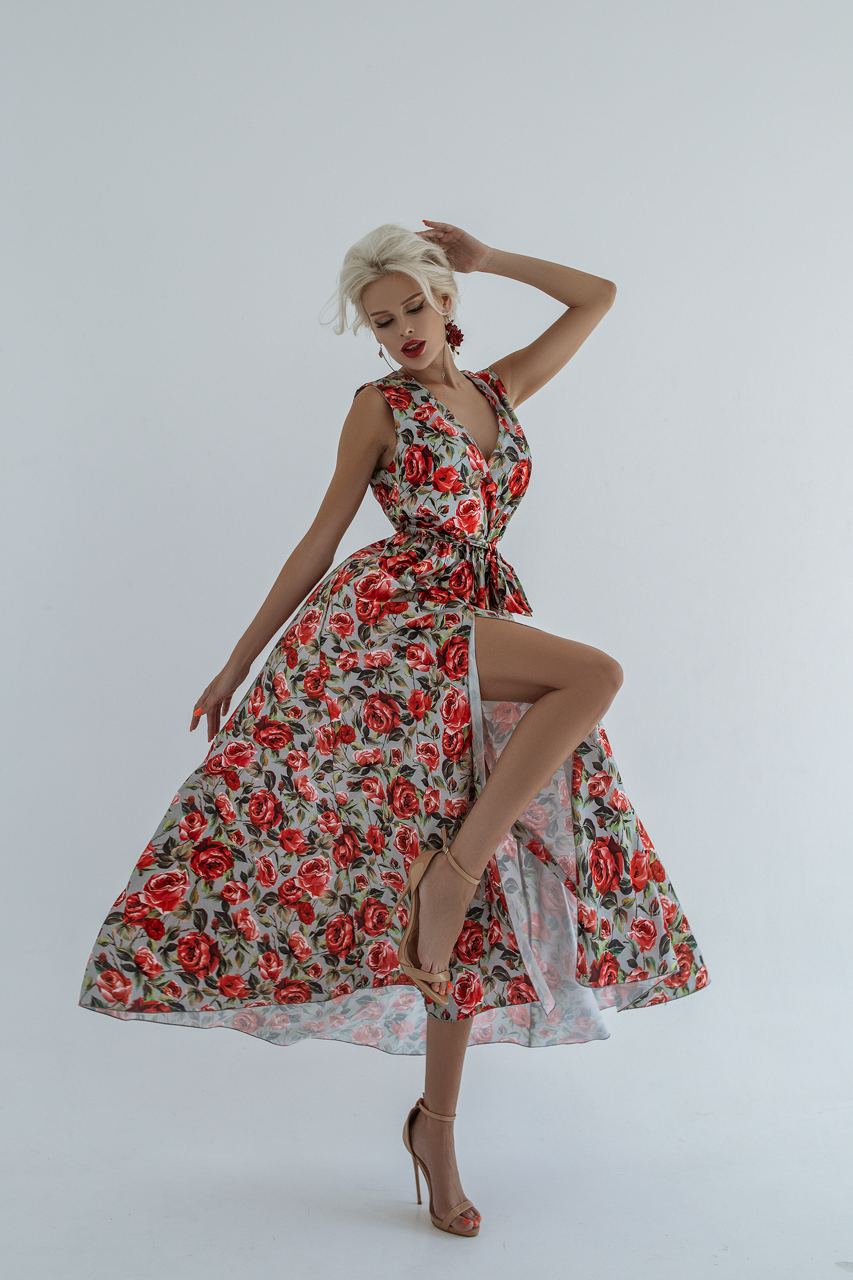 Red Rose Print Silk Maxi Sleeves Dress With Fluffy Skirt