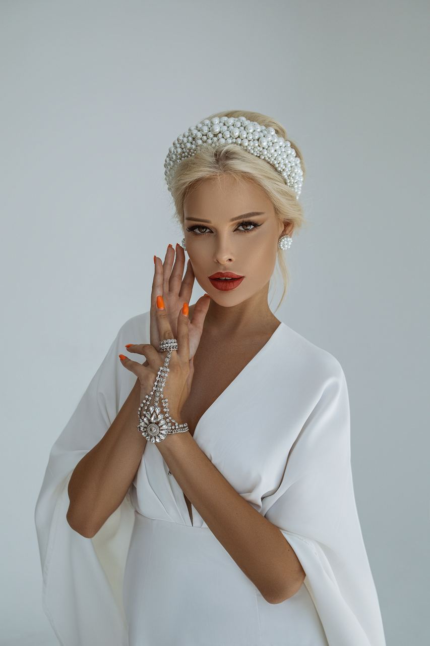 Bridal Maxi Dress With Long Flared Angel Sleeves with Deep V And High Slit