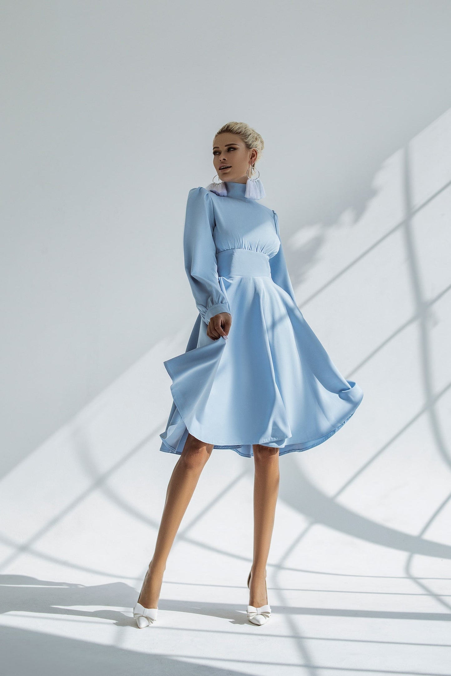 Cocktail High Neck Midi Dress With Long Sleeves & Fluffy Skirt
