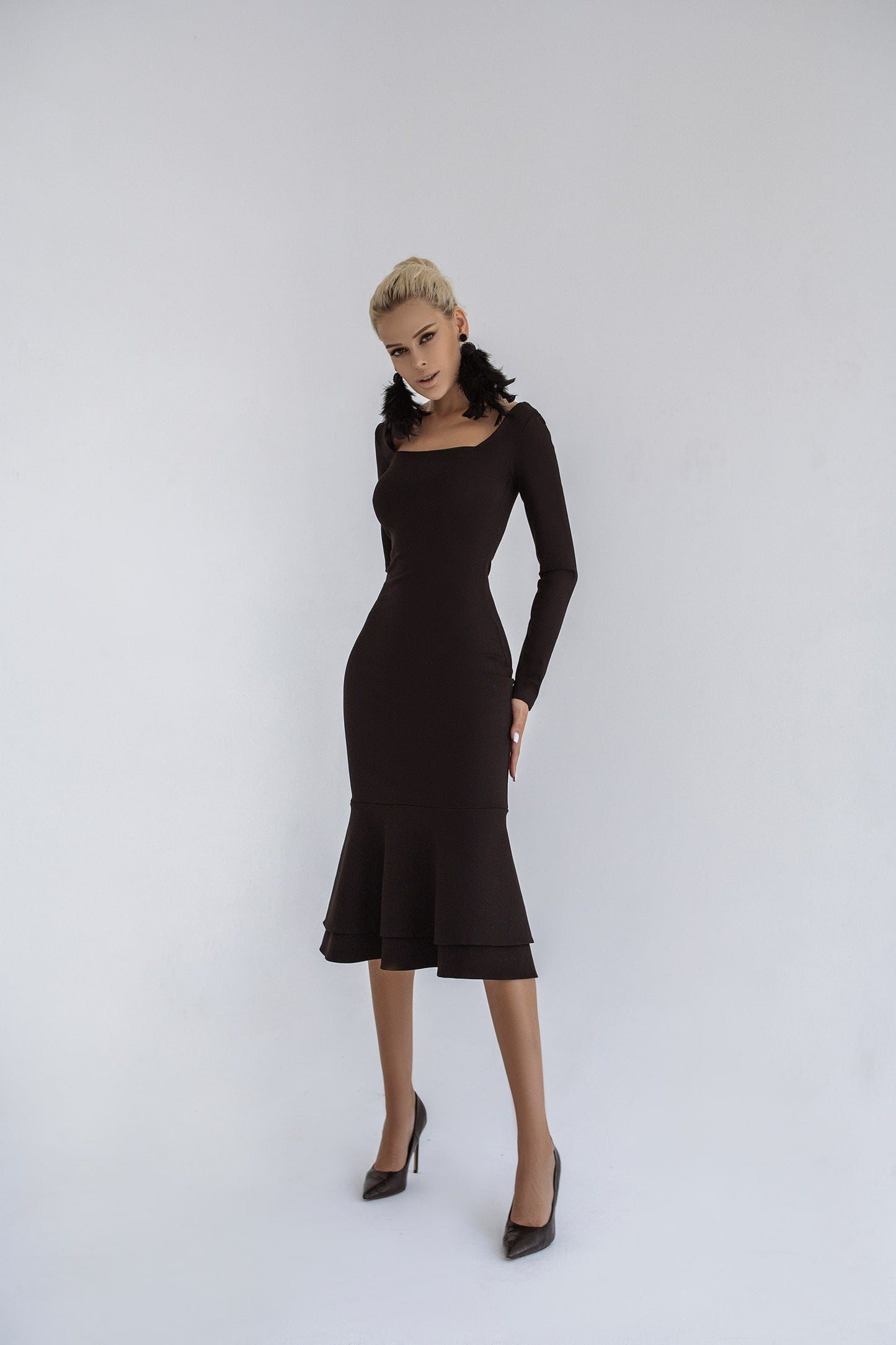 Knitted Fabric Dress Midi Slip Long Sleeve