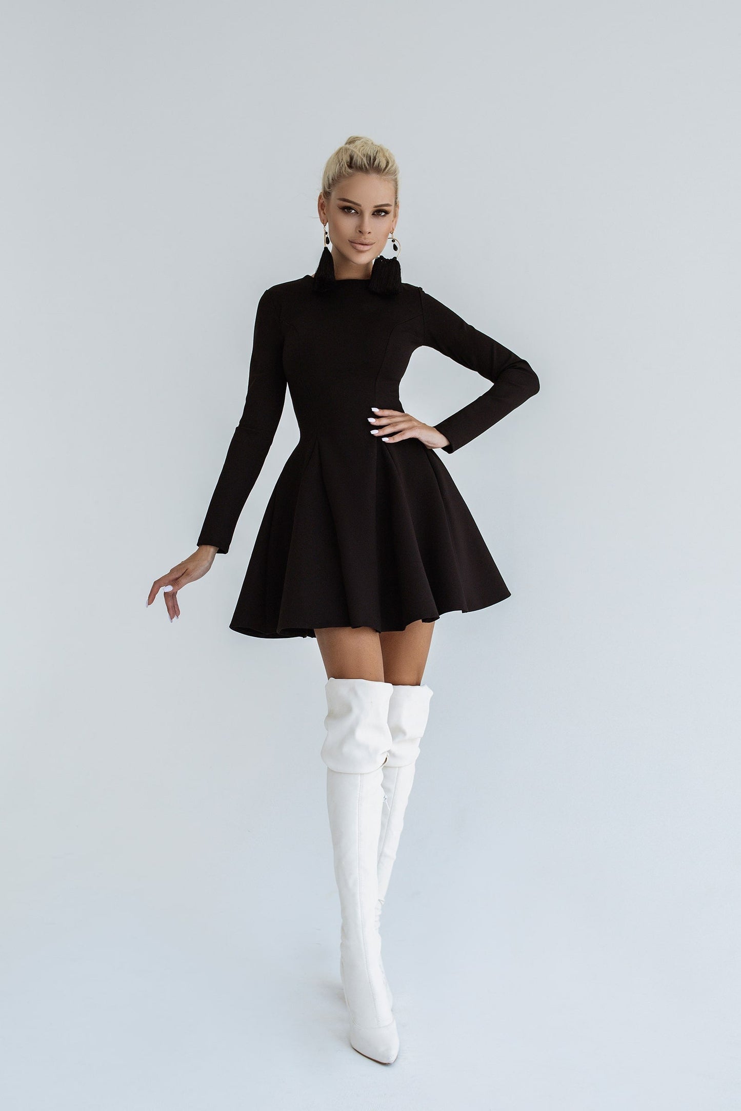 Knitted Fabric Dress Mini A-line Long Sleeve