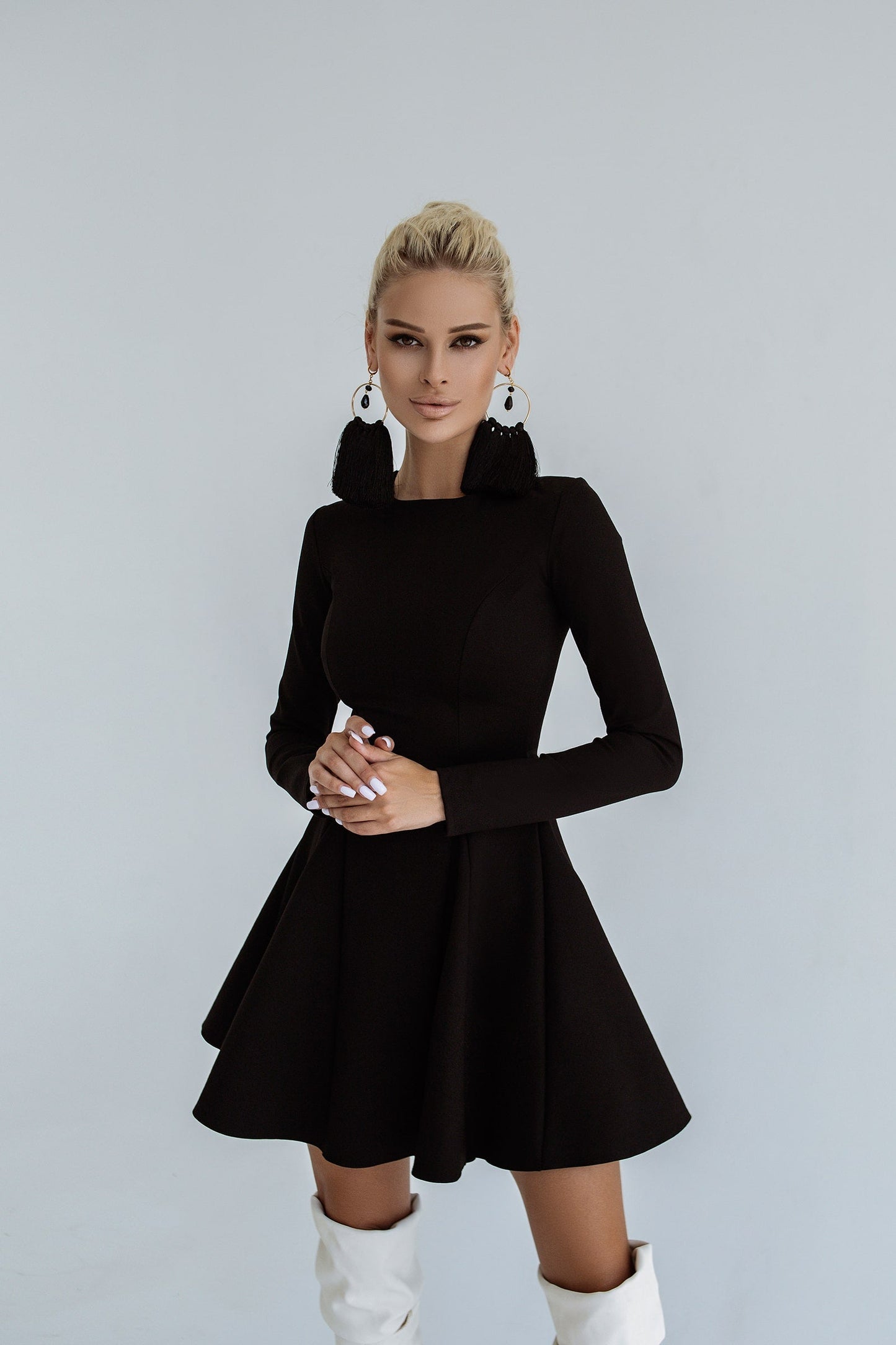Knitted Fabric Dress Mini A-line Long Sleeve