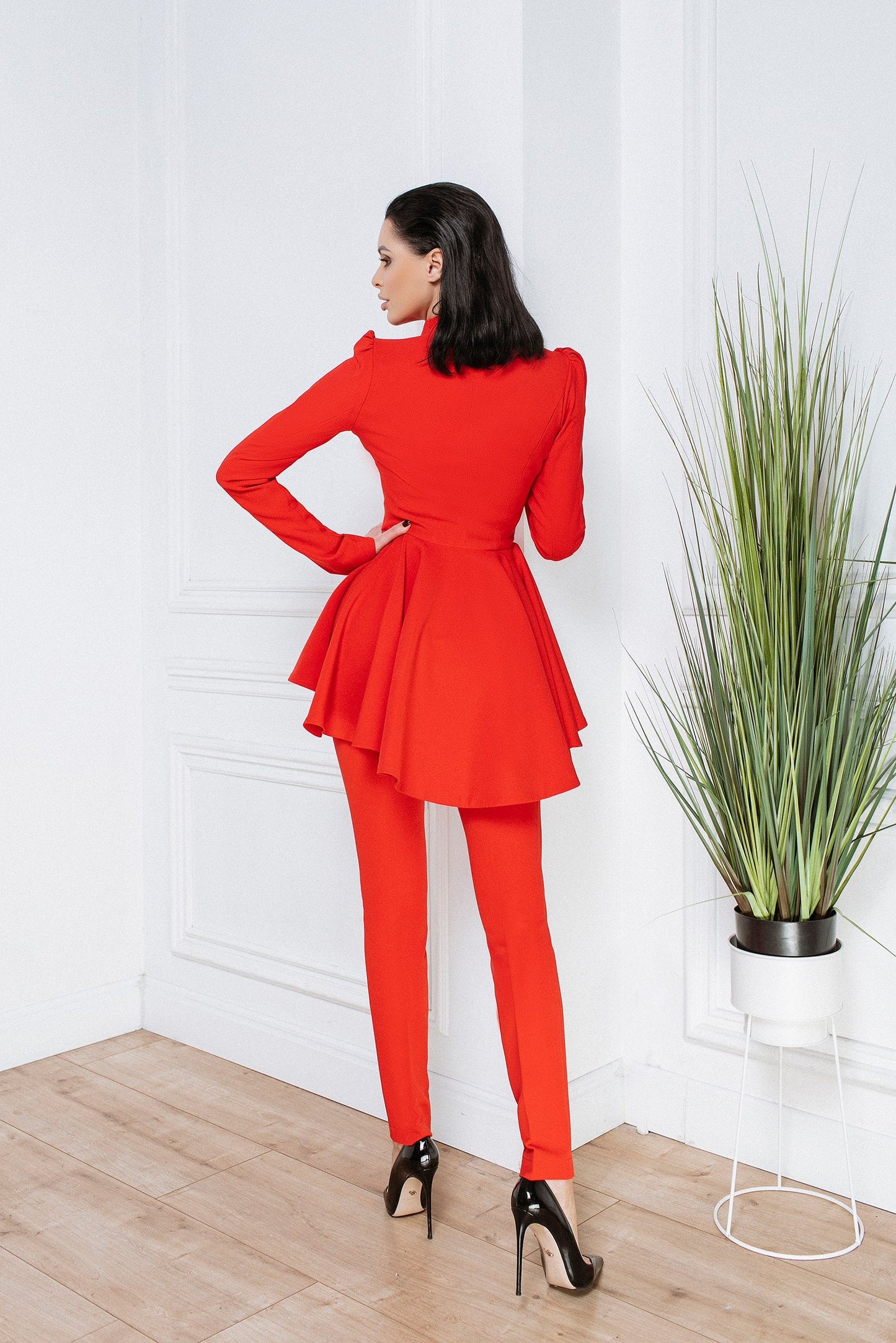 2-Piece Formal Pants Suit with Peplum Deep V-Jacket