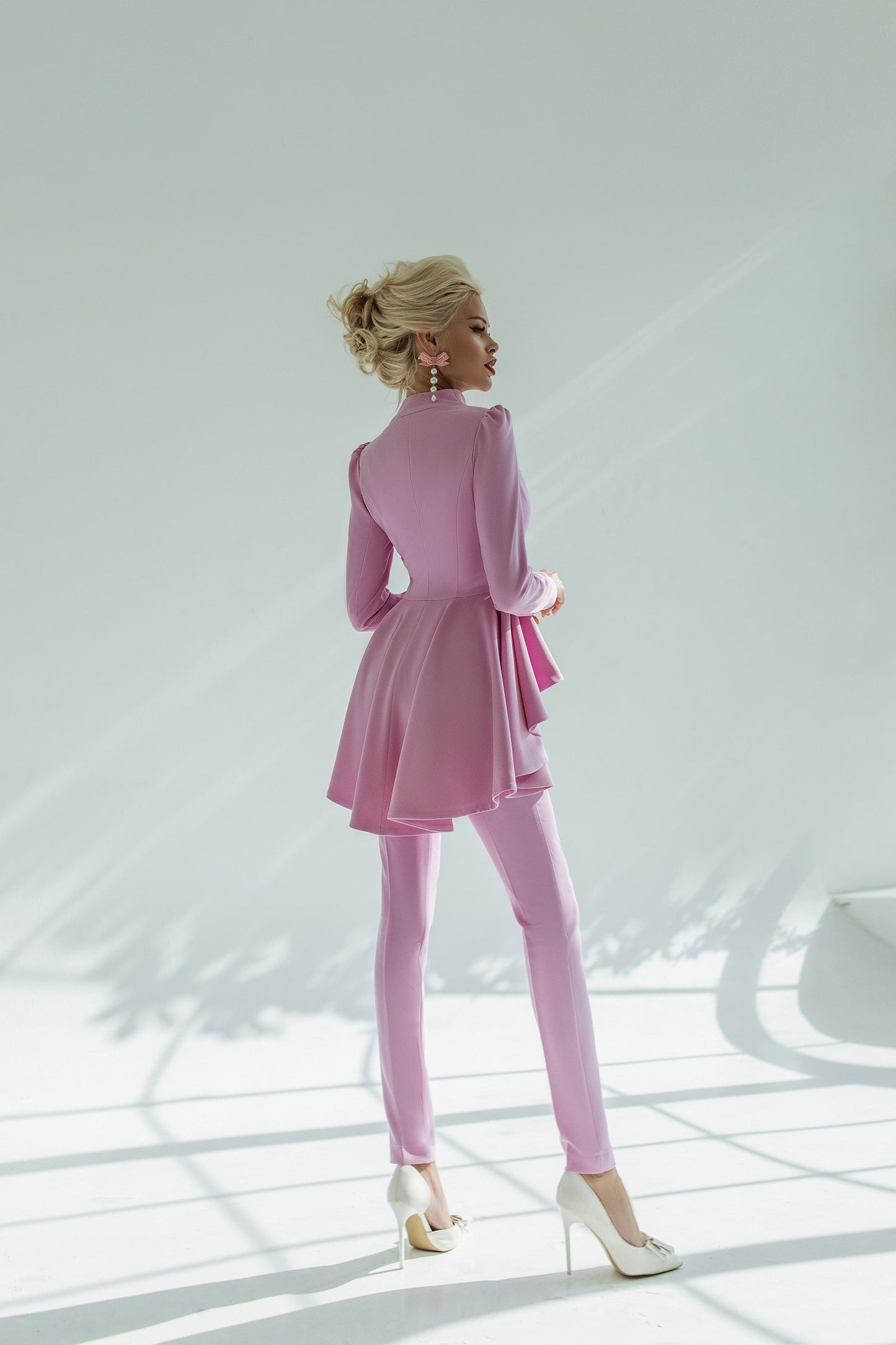 2-Piece Formal Pants Suit with Peplum Deep V-Jacket