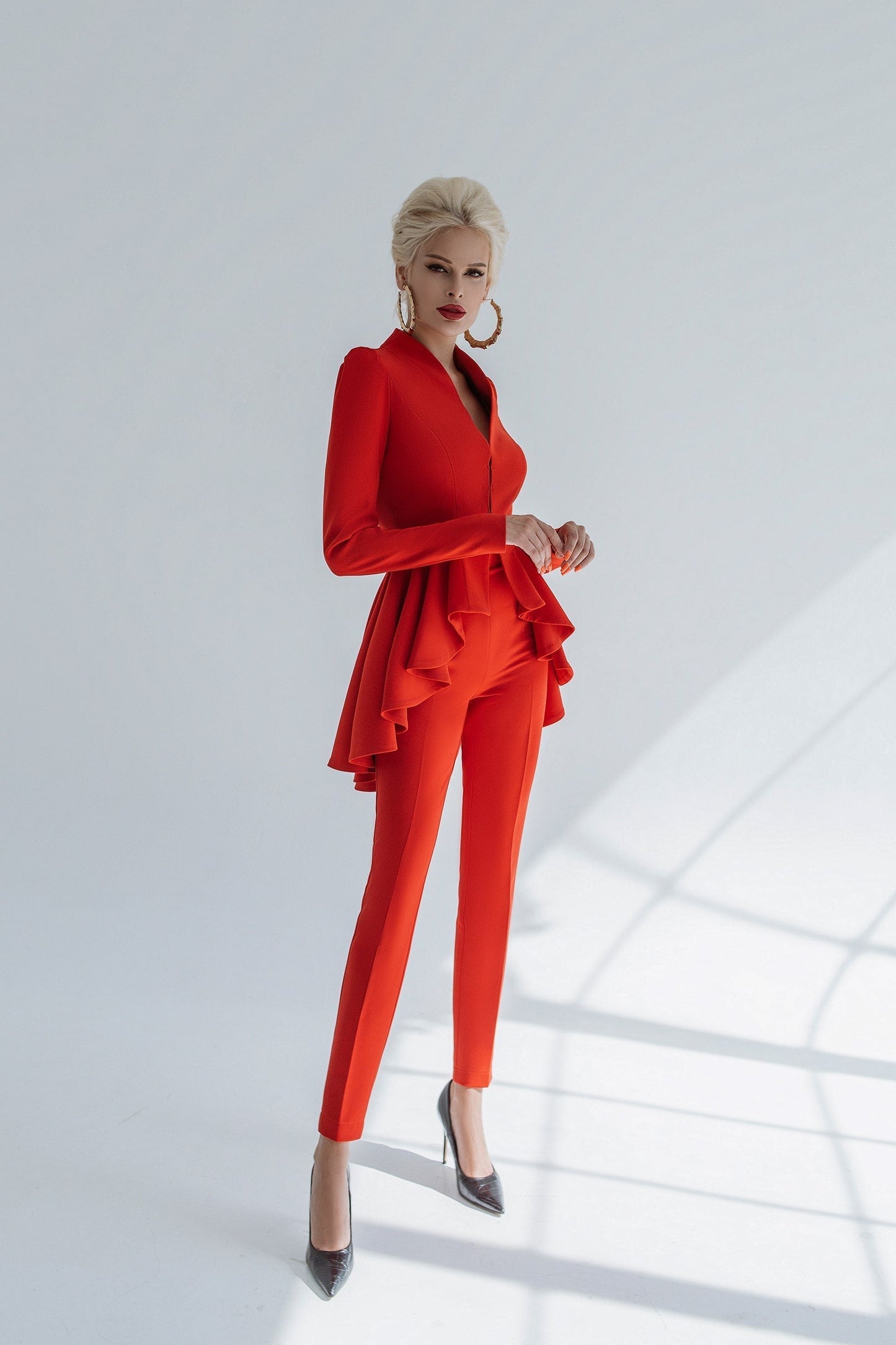 2-Piece Formal Pants Suit with Peplum Deep V-Jacket