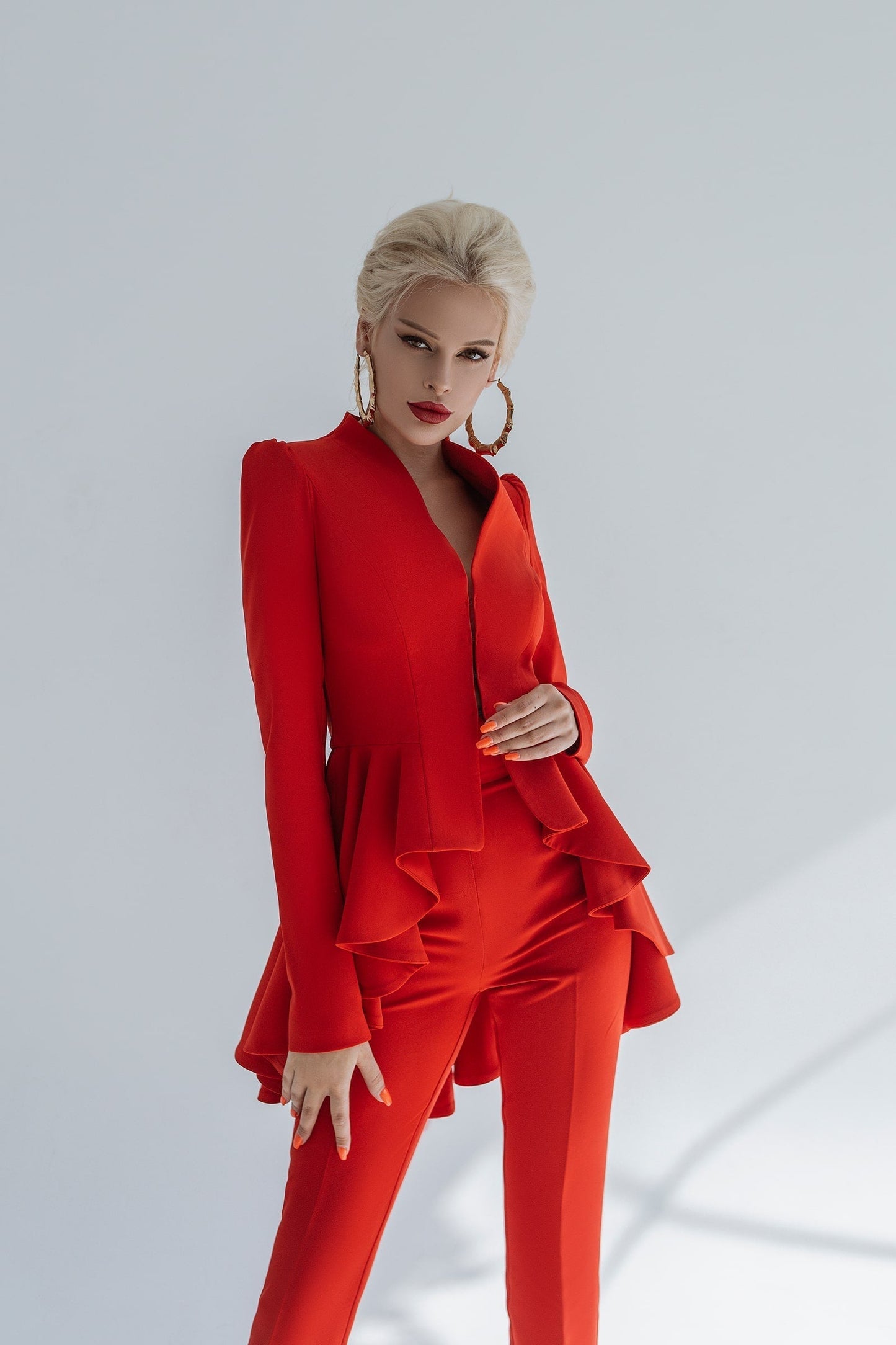2-Piece Formal Pants Suit with Peplum Deep V-Jacket