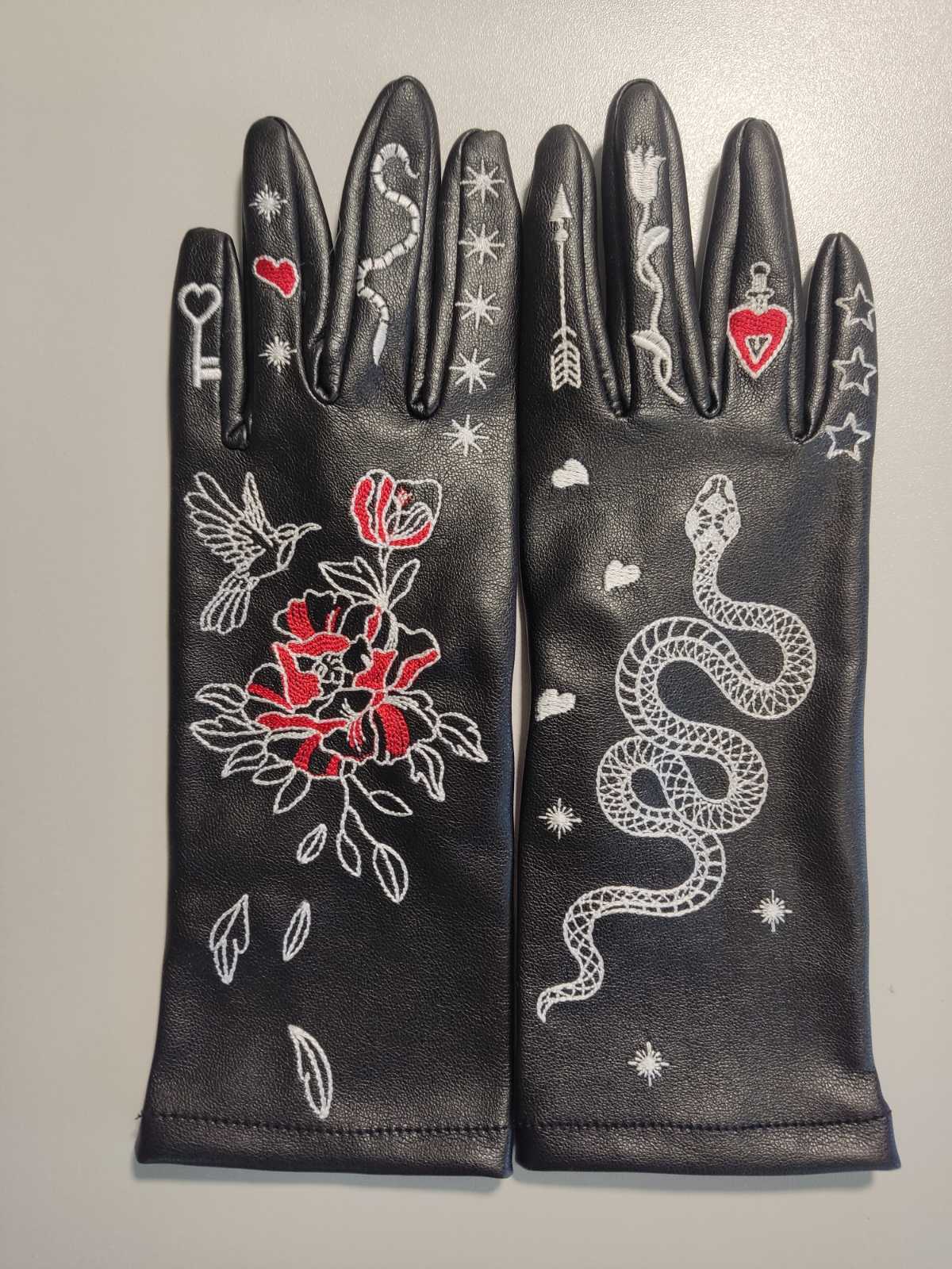 Eco-Leather Gloves With Colored Machine Embroidery