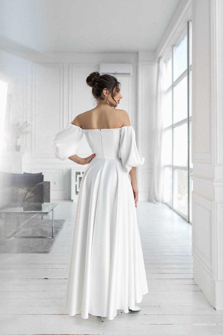 Bridal Satin Puff-Sleeve Maxi Dress