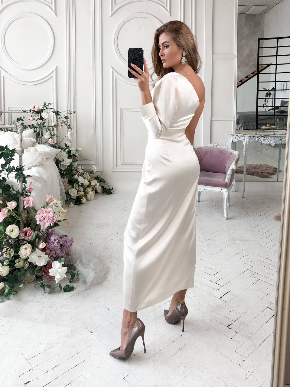 One-Shoulder Satin Midi Dress