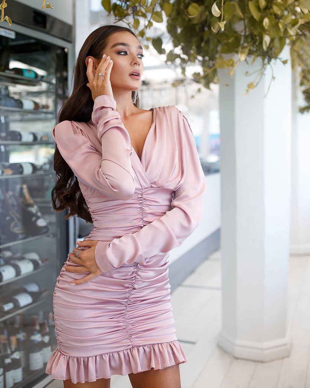 Silk Long Sleeve Ruched Mini Dress